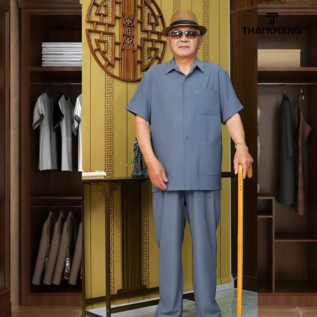 Bộ đồ nam trung niên Thái Khang bộ đồ cho bố mặc nhà vải lụa mềm co giãn BO18