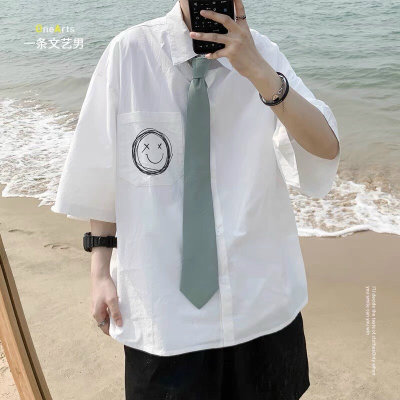 Áo sơ mi unisex, áo sơ mi tay rộng túi in hình mặt cười duyên dáng.tp