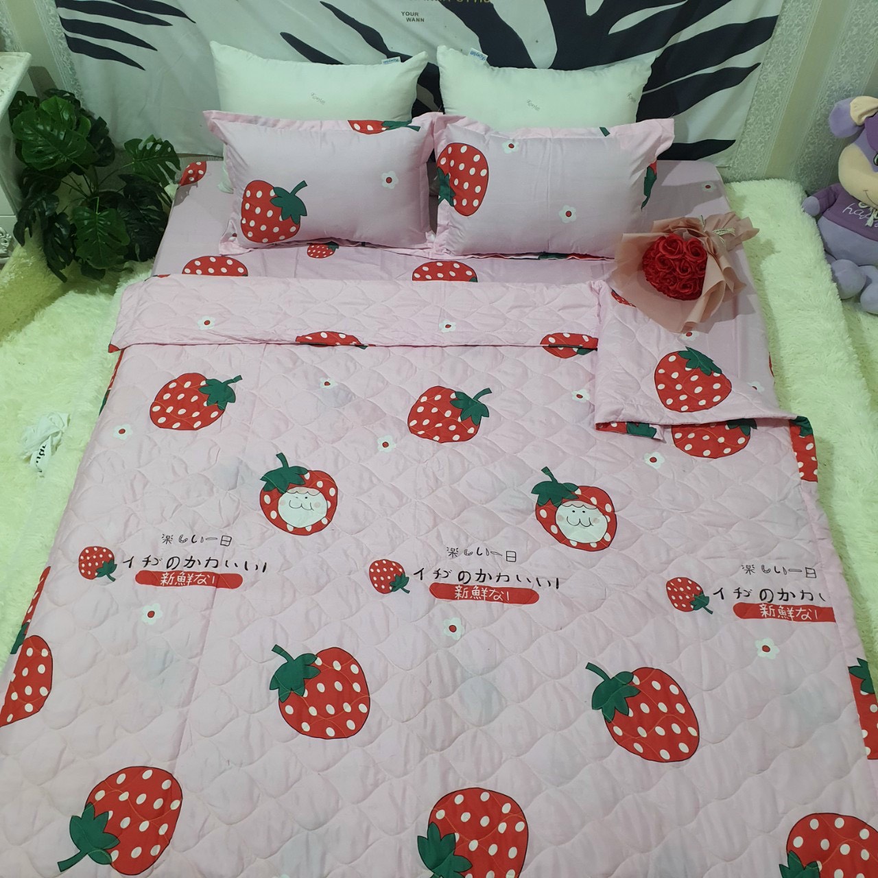 Bộ chăn ga gối cotton poly - dâu tây mới tiệm nhà cá