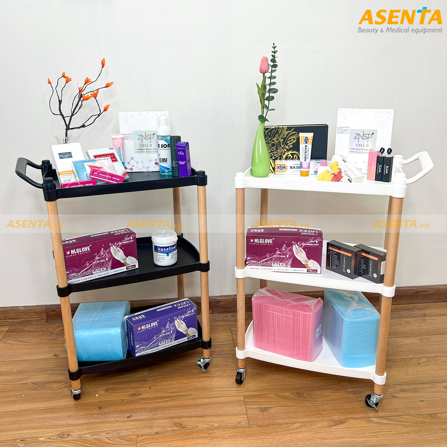 Xe đẩy Spa nhập khẩu cao cấp-Kệ Spa 3 tầng sang trọng, dễ tháo lắp - Có bánh xe Trắng, Đen Asenta