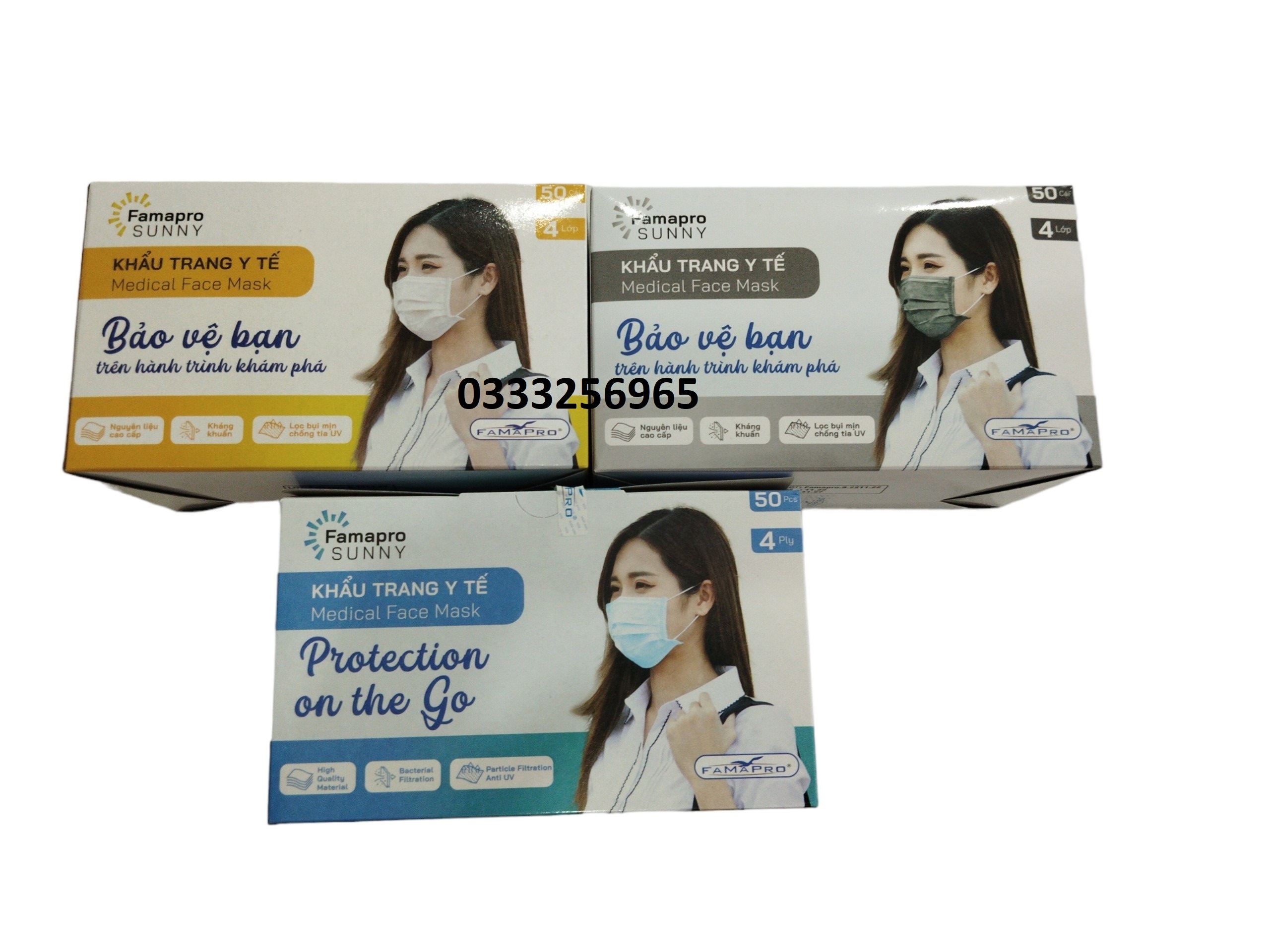 Khẩu trang y tế 4 lớp Nam Anh - Hộp 50 cái - Medical face mask Famapro - Trắng - Xanh - Đen