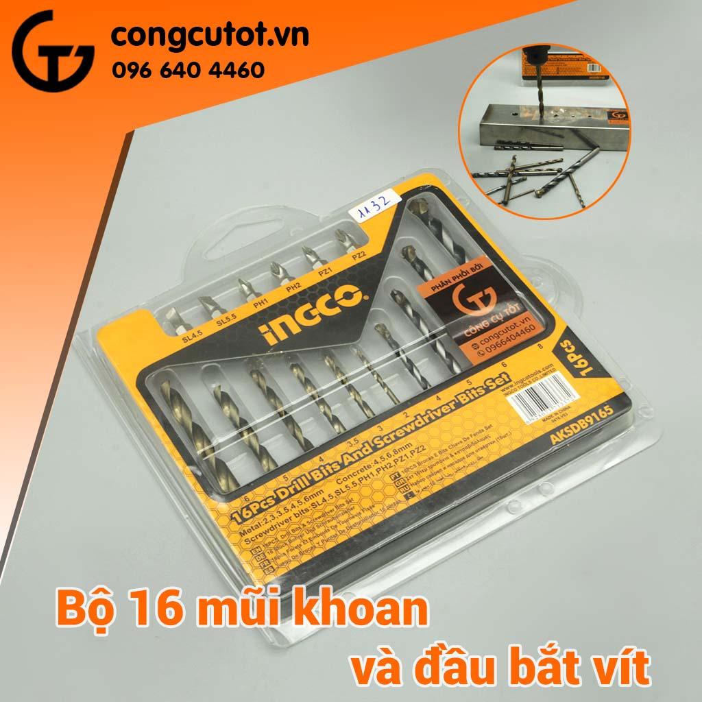 Bộ 16 mũi khoan kim loại và mũi bắt vít ingco aksdb9165