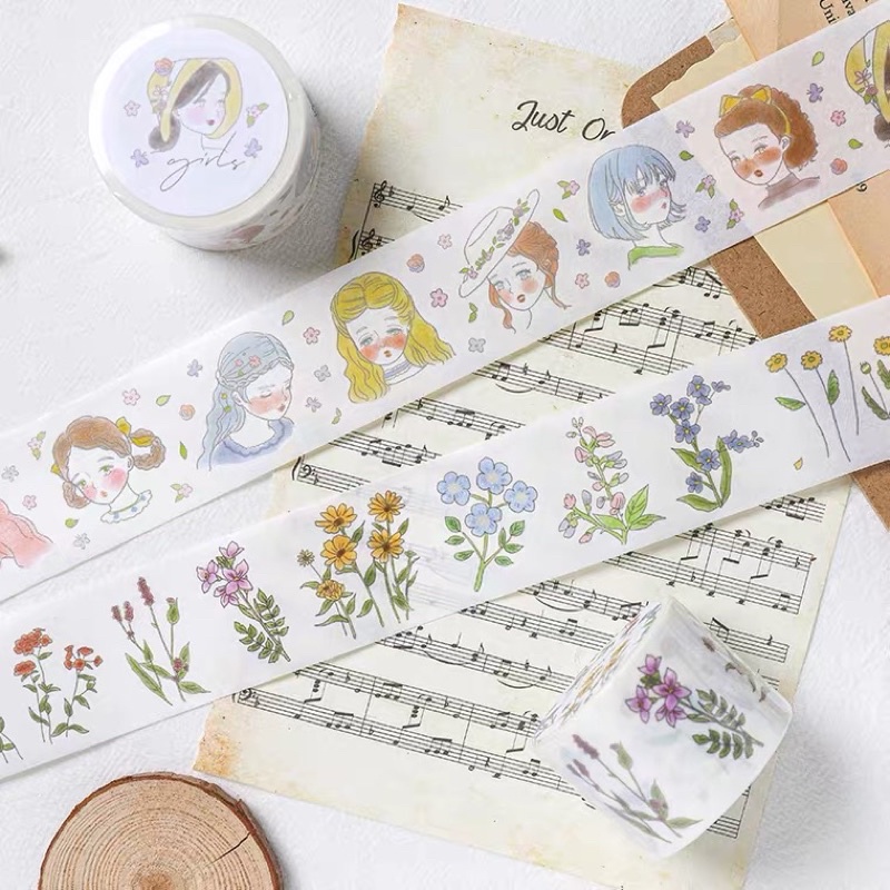 Washi tape hình hoa, cô gái vintage xinh xắn, nghệ thuật