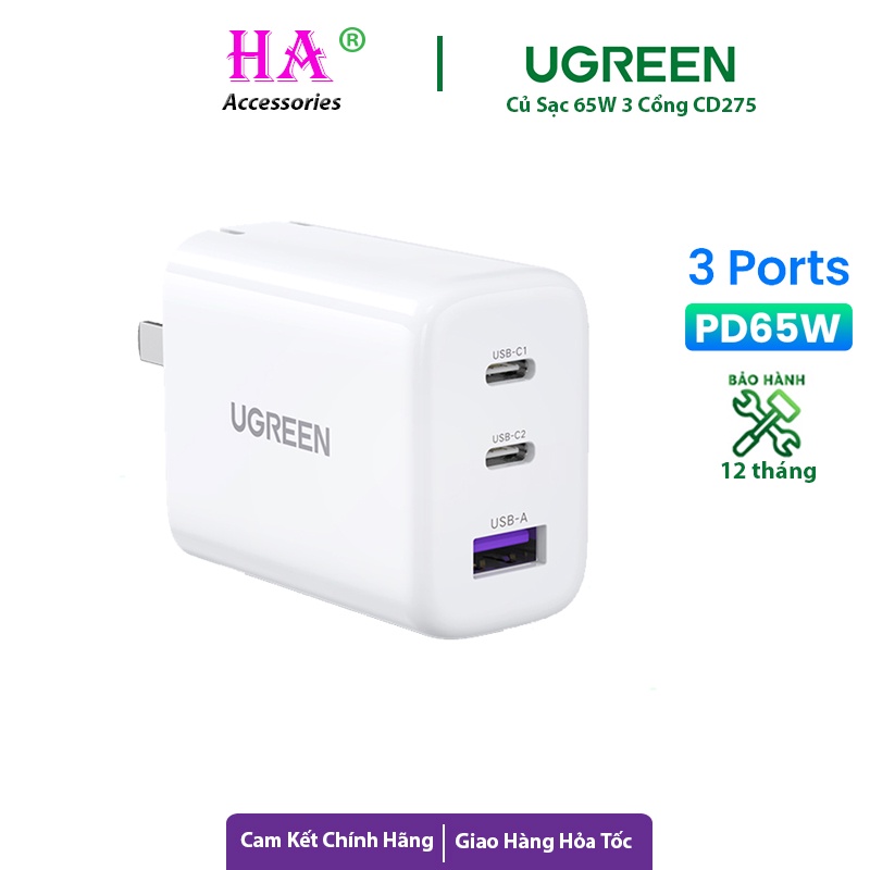 Củ sạc ugreen 3 cổng 65w cd275 , 2c 1a sạc nhanh pd pps 25w scp huwei 22,5w