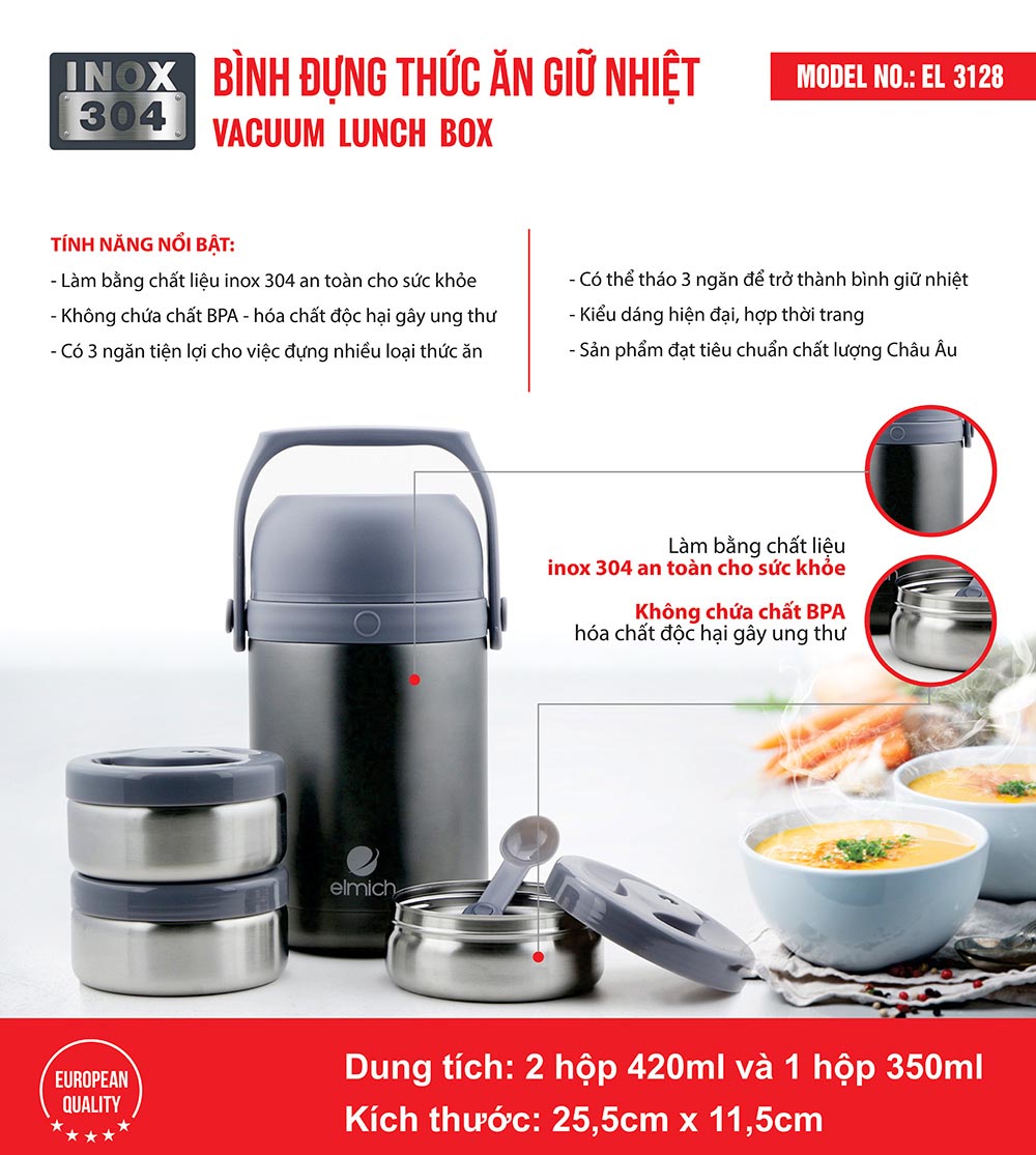 Cặp Lồng Giữ Nhiệt Inox 304 Tráng Bạc 3 Lớp 1800ml Elmich EL-3128 Hàng Chinh Hãng, Bảo Hành 12 Tháng