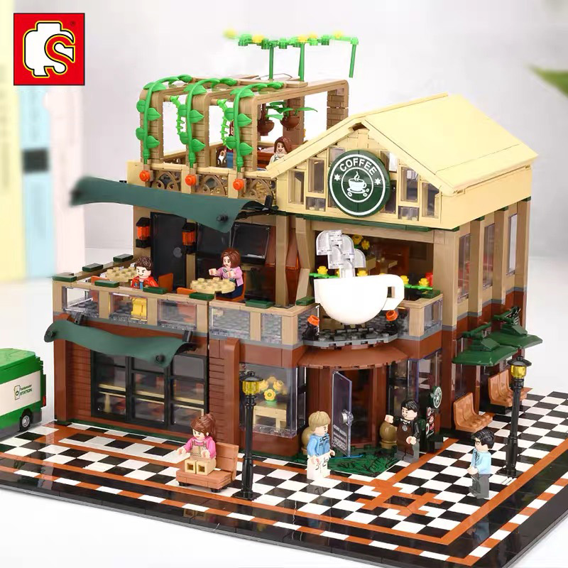 (Có đèn) Đồ chơi xếp hình Lego Creator cho bé Lego Idea City street view with LED light casual coffee house Quán cà phê Sembo 601093 Mẫu lắp ráp lego cho bé trai bé gái