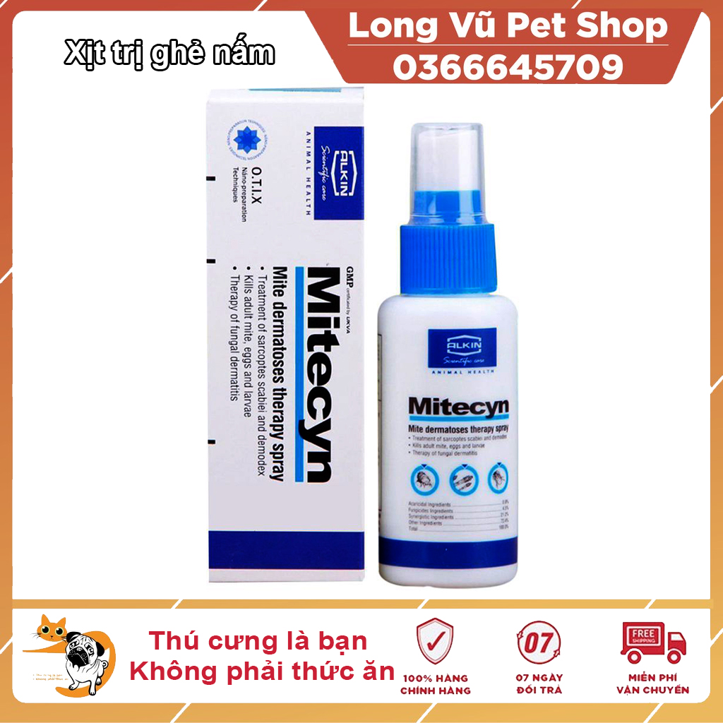  Alkin Mitecyn 50ml Xịt tri ghẻ ngứa nấm viêm da các bệnh ngoài da cho chó mèo thú cưng 