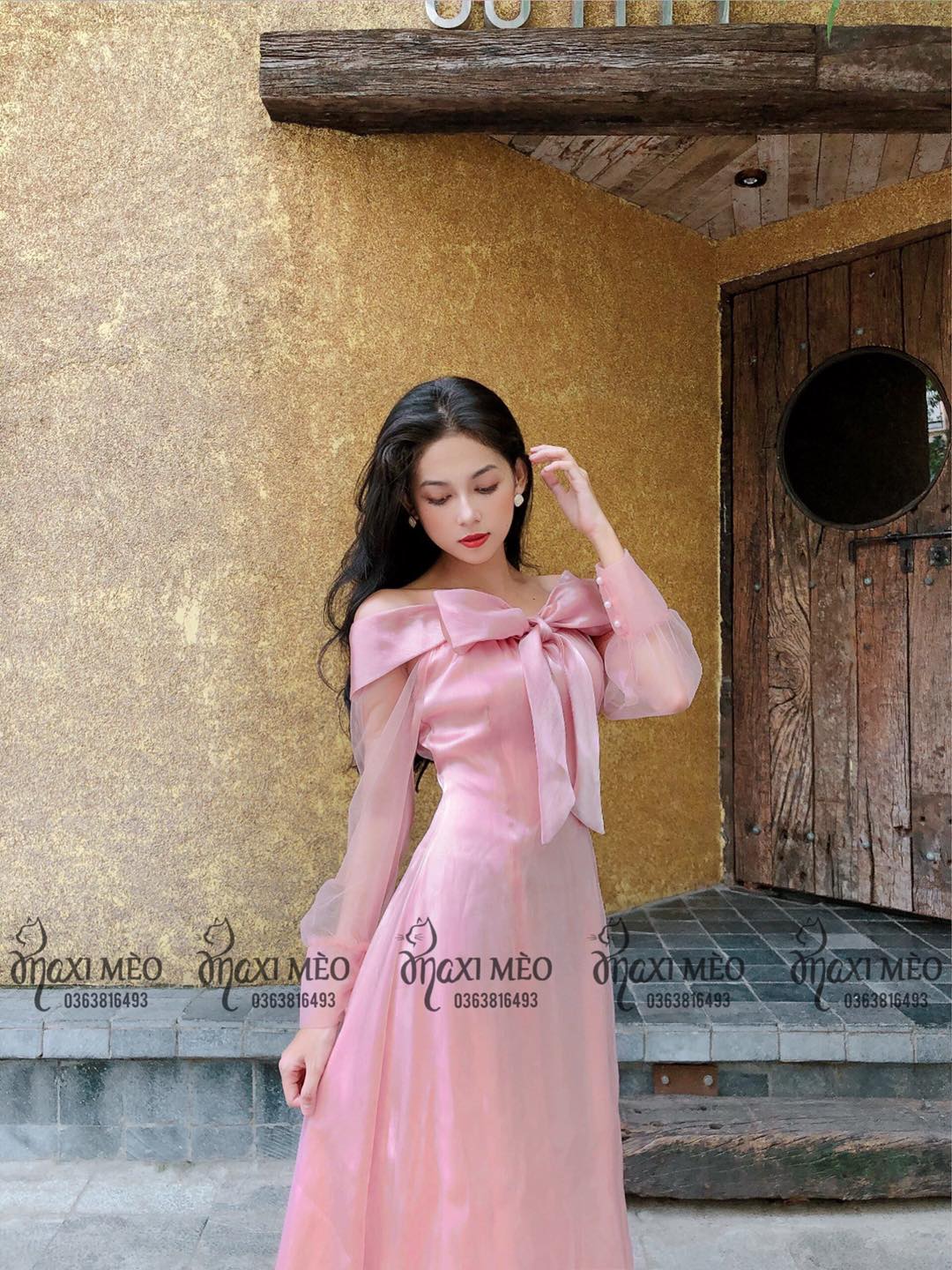 Váy lụa organza hồng nơ ngực 🎀