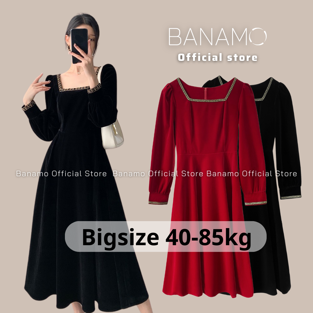 Đầm nữ BIGSIZE Banamo Fashion váy nhung dáng dài cổ vuông phối viền cổ 5513