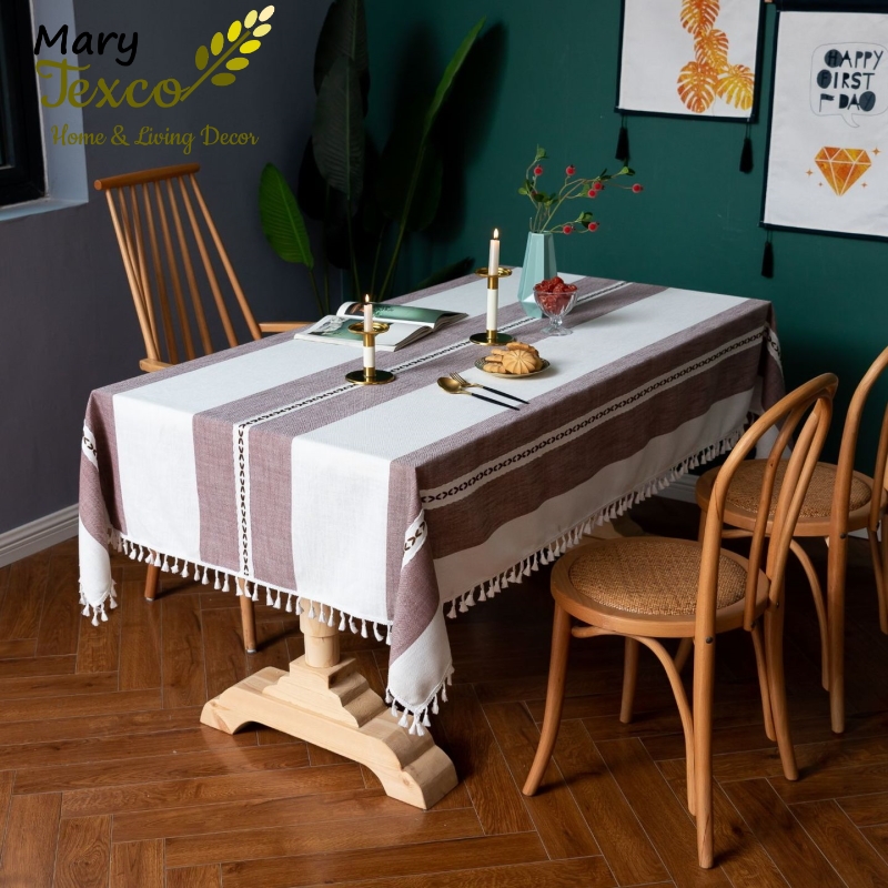 Khăn trải bàn Mary Texco cotton thêu viền pompom trắng trang trí bàn họp văn phòng lịch sự, trang nhã - KBCC19