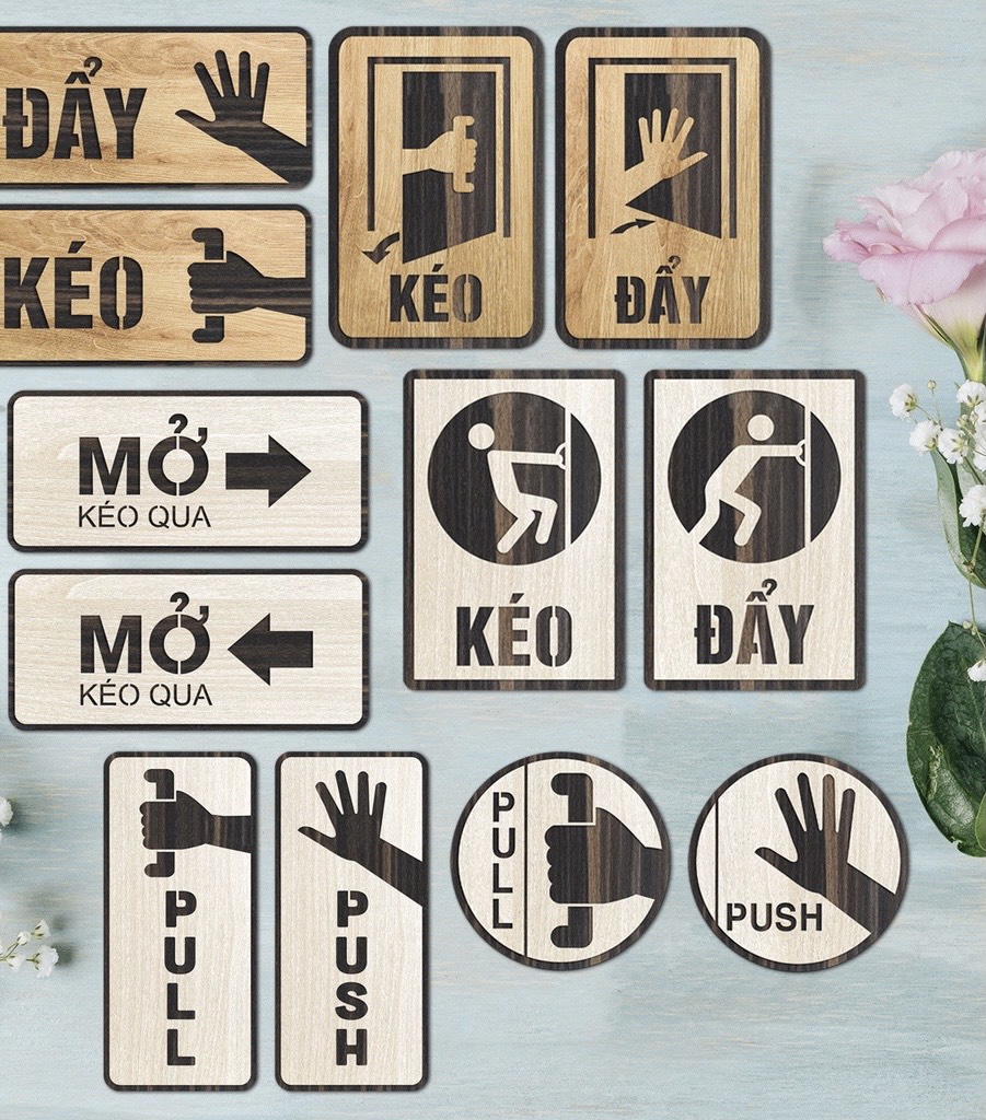 Bảng pull push, bảng kéo đẩy bằng gỗ MDF treo cửa kính decor trang trí cửa ra vào
