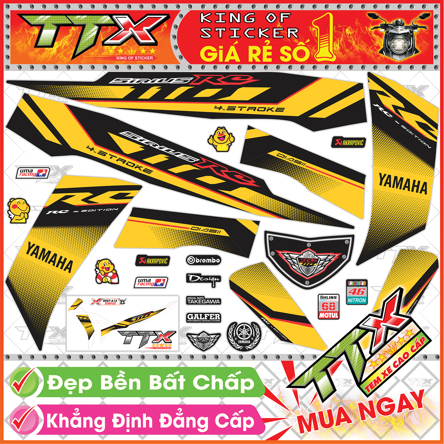 Tem Xe Sirius RC Vàng Đen Đỏ - Tem Sirius 110 Đỏ Vàng Đen Siêu Đẹp - Mẫu Team Sirius Vàng Đen Đỏ