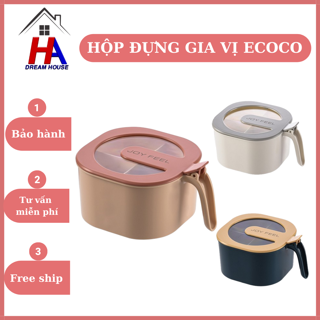 Hộp đựng gia vị Ecoco 4 ngăn có nắp đậy, chất liệu nhựa PCV an toàn, thiết kế nhỏ gọn, tiết kiệm không gian cho nhà bếp của bạn, siêu tiện lợi,sự lựa chon của người phụ nữa thông minh