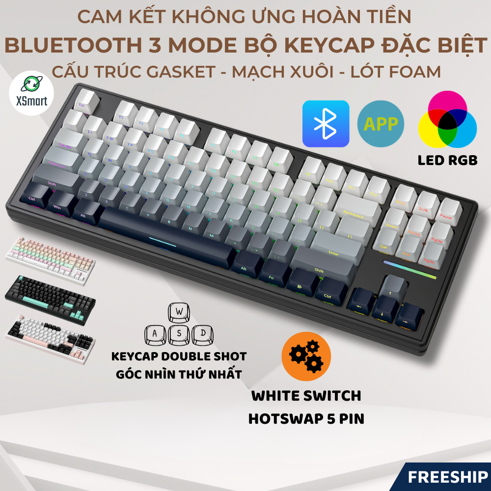 Bàn phím cơ gaming không dây bluetooth attack shark xm87 led rgb pro, white switch, hotswap, 3 mode cho máy tính/laptop