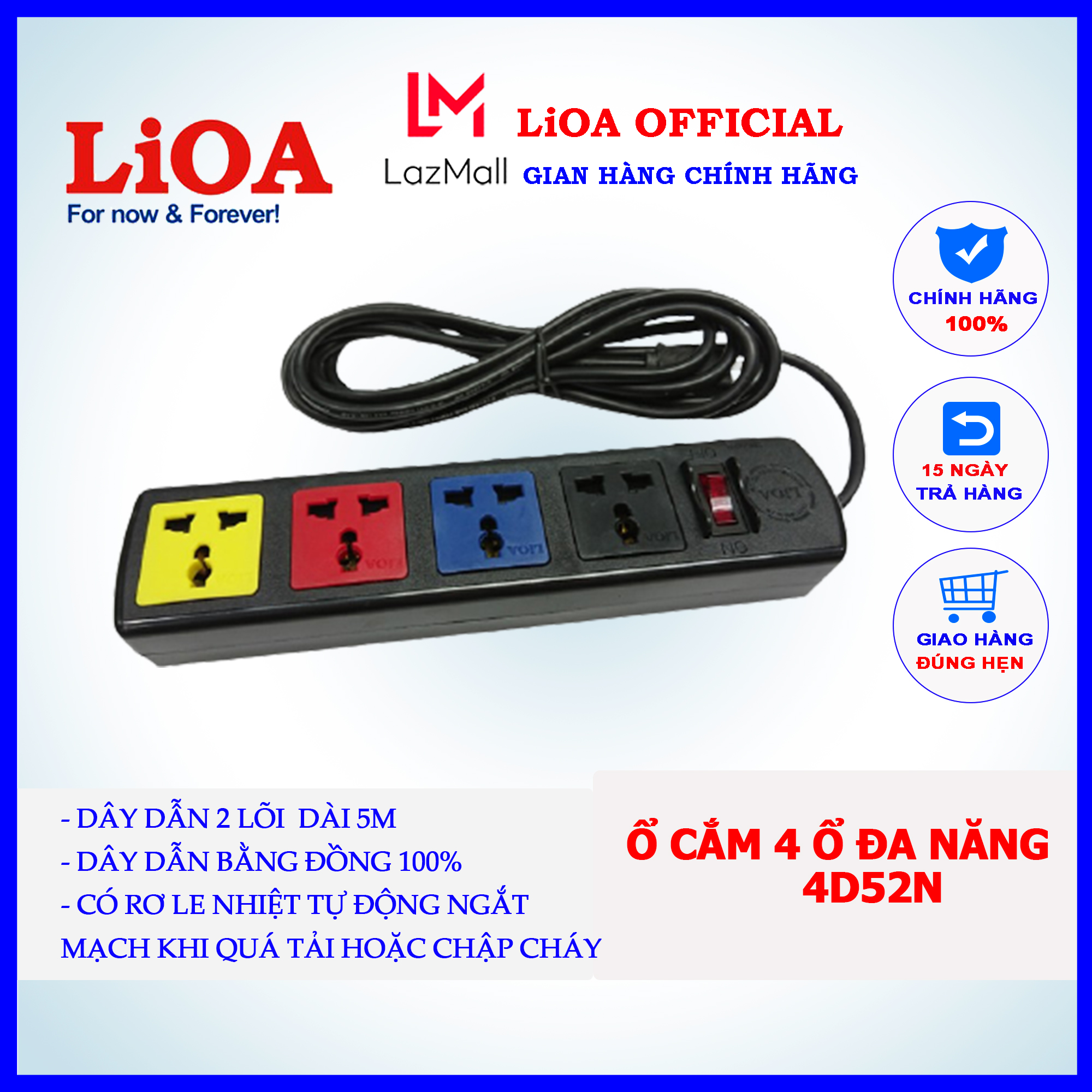 Ổ cắm Lioa 4 ổ 1 công tắc 4D32N, 4D52N dây 3m hoặc 5m có rơ le nhiệt chống quá tải