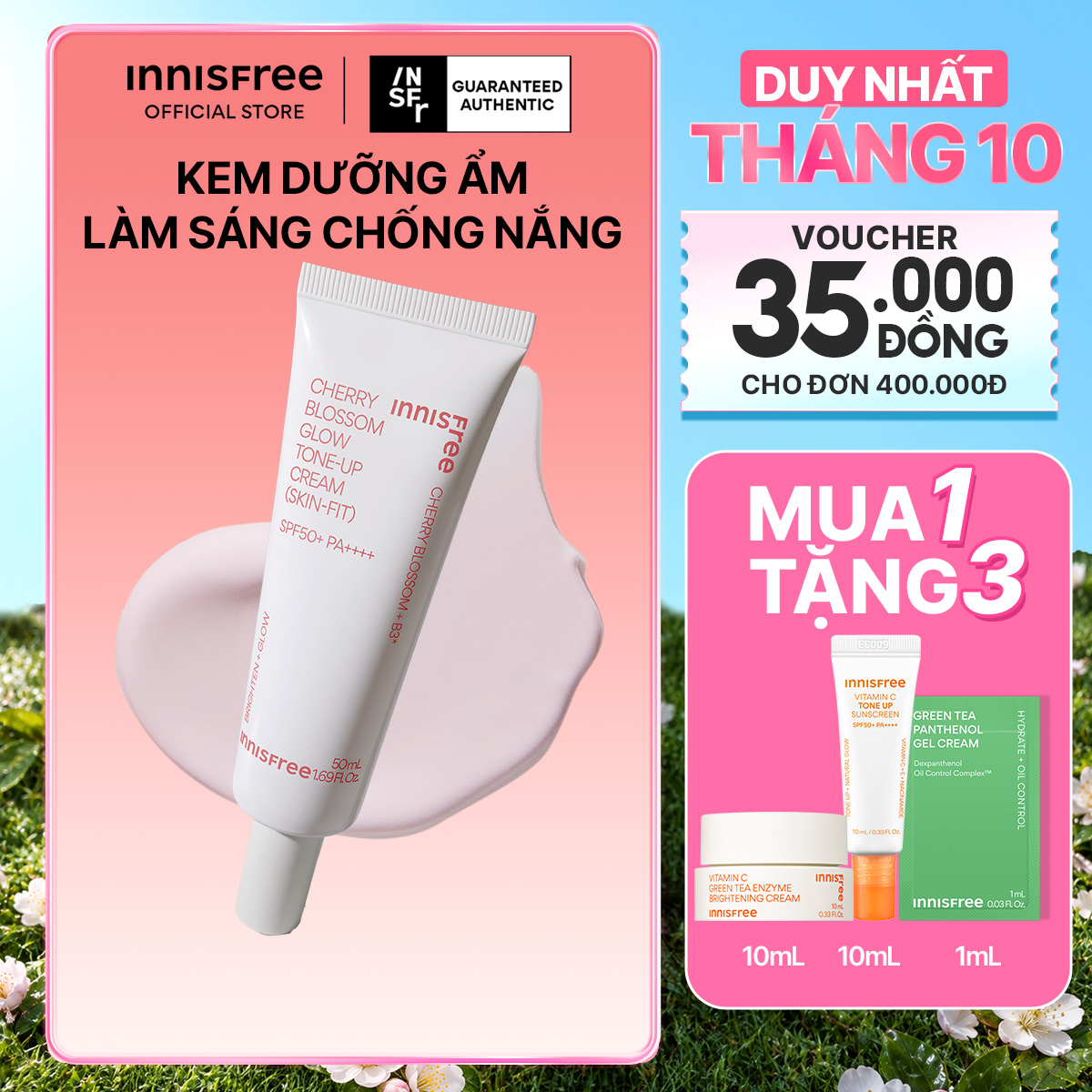Kem dưỡng ẩm làm sáng chống nắng cho da INNISFREE Jeju Cherry Blossom Skin-Fit Tone-Up Cream SPF 50+PA++++ 50ml