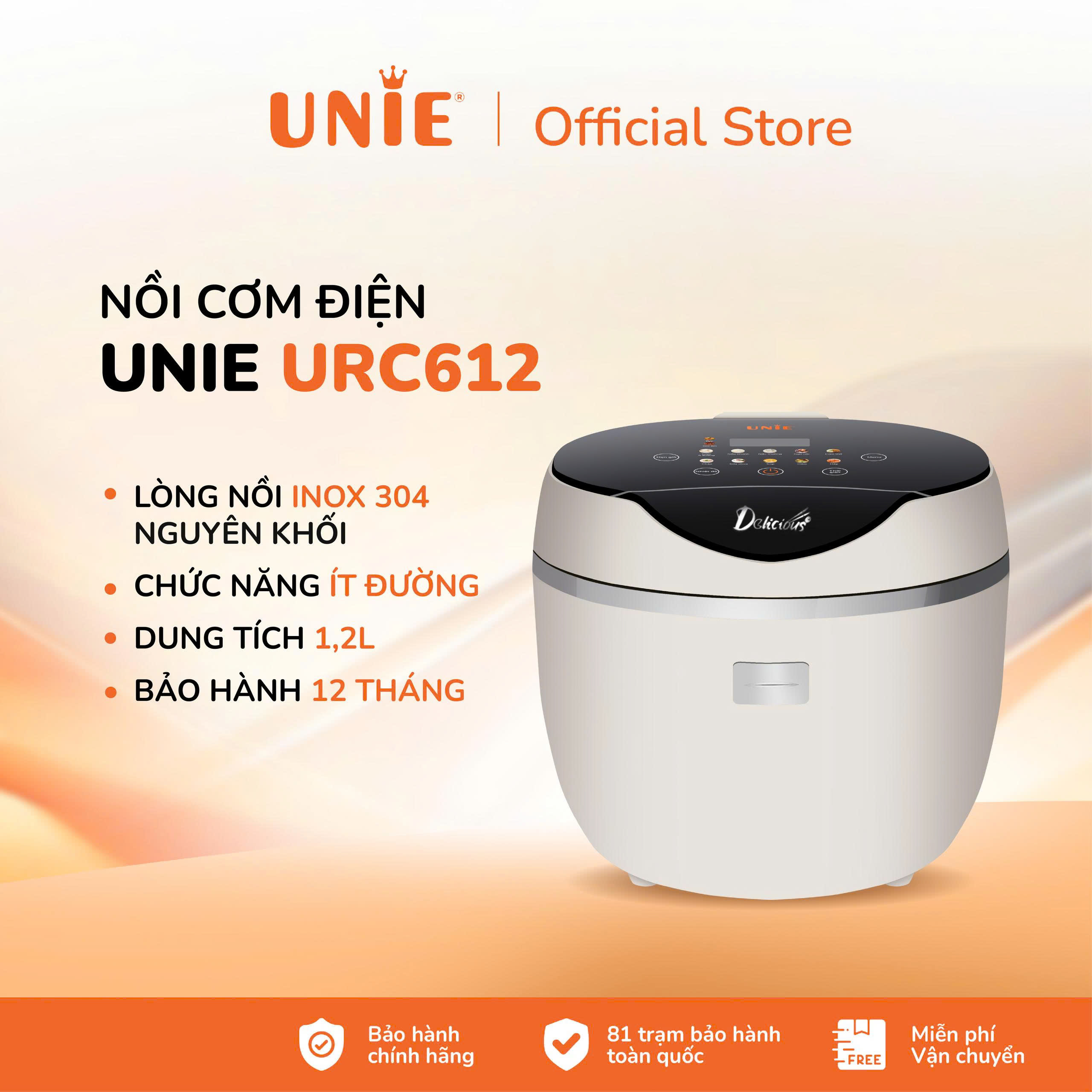 (SP MỚI)-Nồi cơm điện tử UNIE URC612 ,công nghệ nấu cơm giảm đường, lòng nồi inox 304, dung tích 1,2L,công suất 500W, BH 12 tháng