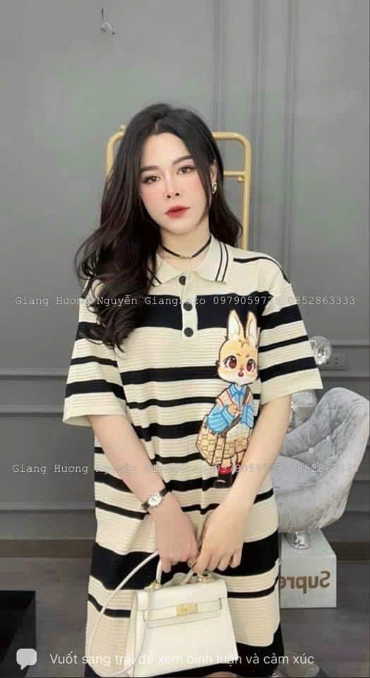 Đầm len sọc ngang form rộng hình thỏ