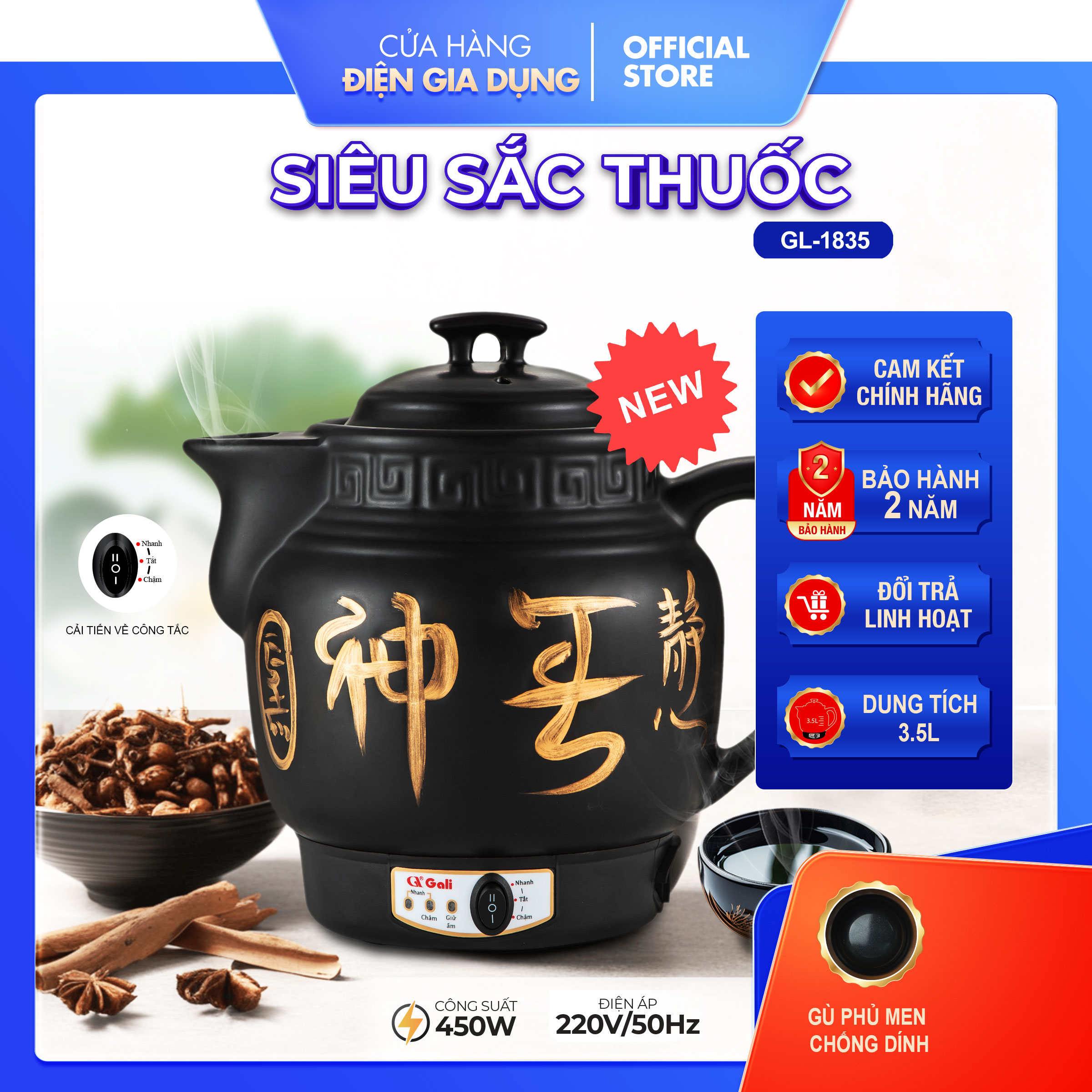 Ấm nấu thuốc nam bắc, canh dưỡng sinh, trà thảo mộc, nấu nhanh chậm theo nhu cầu, bảo hành 12 tháng chính hãng Gali, tặng kèm 5 món phụ kiện, giao hàng miễn phí