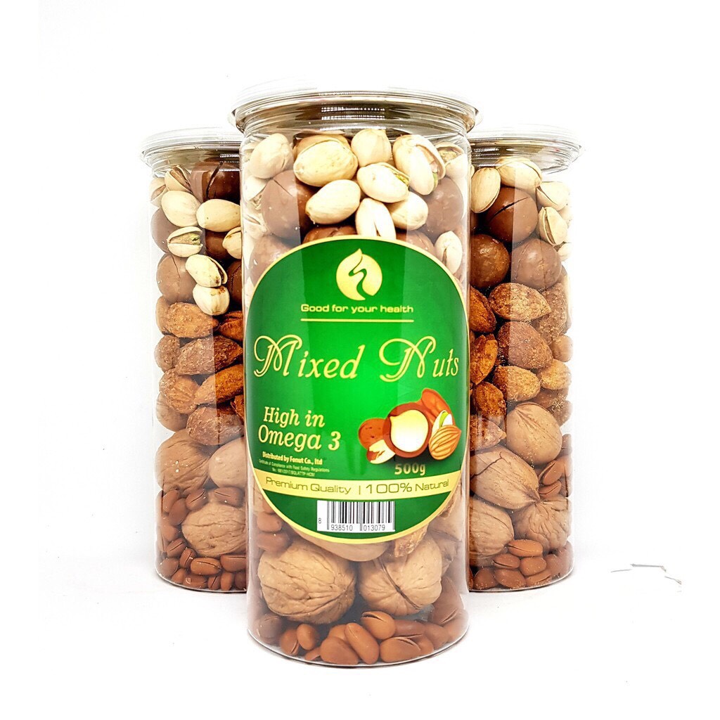 MIX NUTS 6 LOẠI HẠT -ÓC CHÓ -HẠNH NHÂN -THÔNG MỸ -MACCA -HỒ ĐÀO -HẠT DẺ CƯỜI-HỘP 500GR