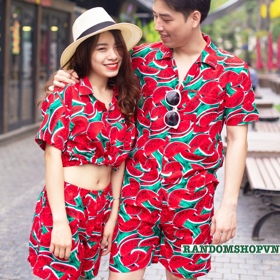 Đồ bộ trái cây đi biển họa tiết cam dưa hấu chuối vải kate thái mềm dày mịn thích hợp làm đồng phục đi biển