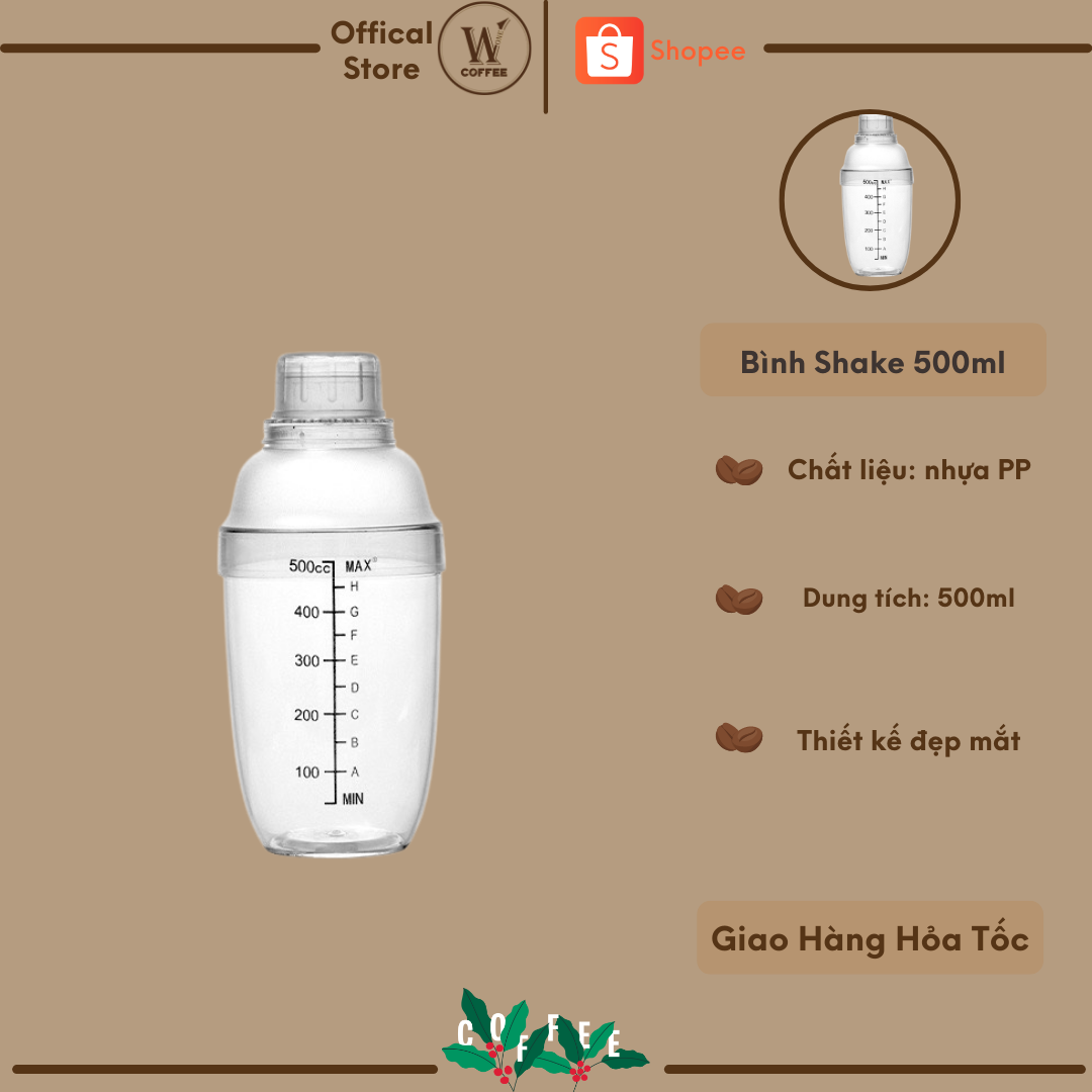Bình shake, bình pha chế nhựa cao cấp chia vạch đen 500ml w1coffee
