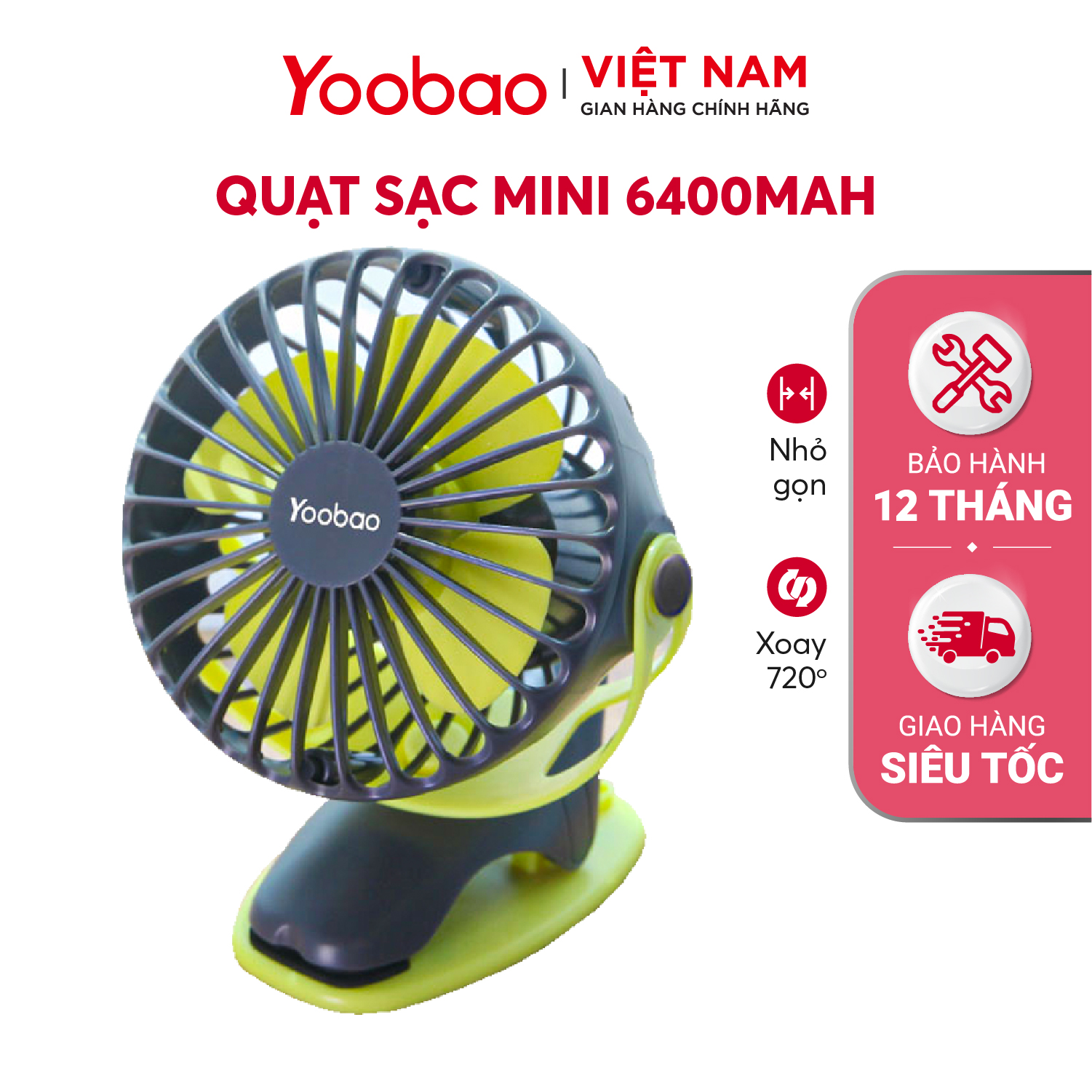 [VOUCHER 5%] Quạt sạc mini để bàn/ kẹp nôi YOOBAO F04 6400mAh Xoay 720 độ Chạy 32 giờ liên tục - Hàng phân phối chính hãng - Bảo hành 12 tháng