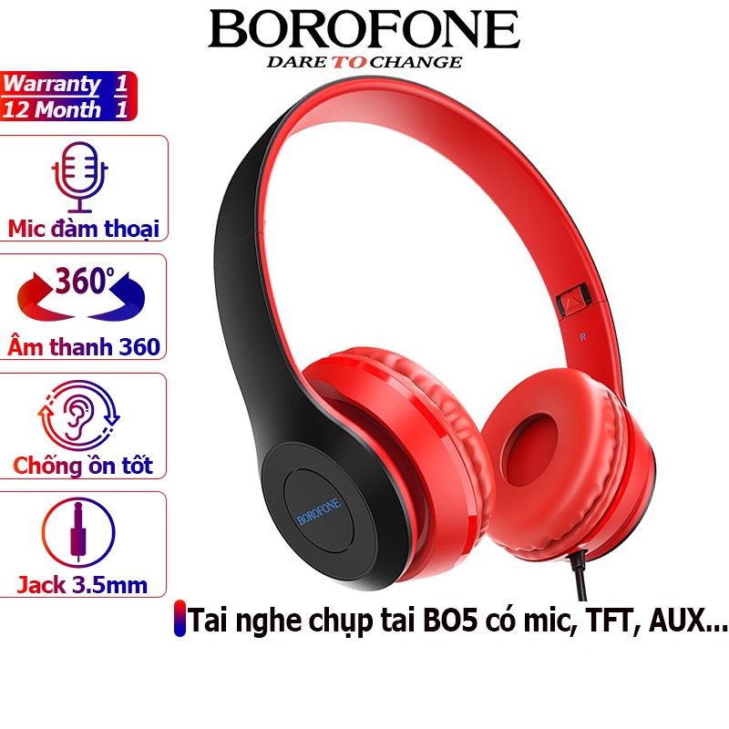 Tai nghe chụp tai borofone bo5 chống ồn nghe hay, dây dài 1.2m, có mic đàm thoại - chính hãng