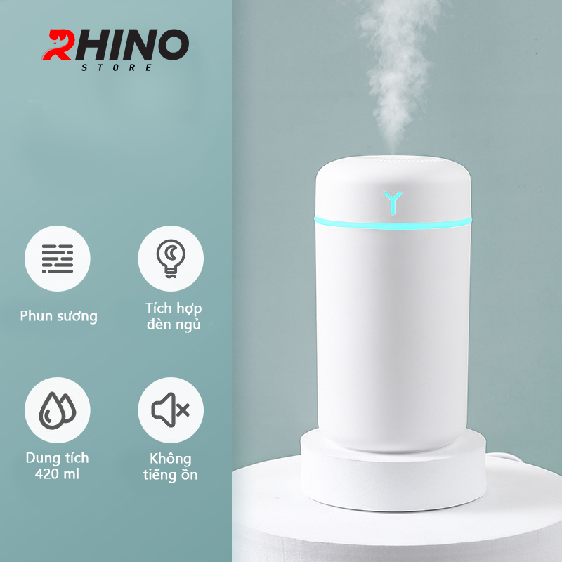 Máy phun sương xông tinh dầu tạo ẩm Rhino H901 dung tích 420ml, nhỏ gọn, không gây tiếng ồn, tích hợp đèn ngủ RGB nhiều màu, có chế độ tự ngắt