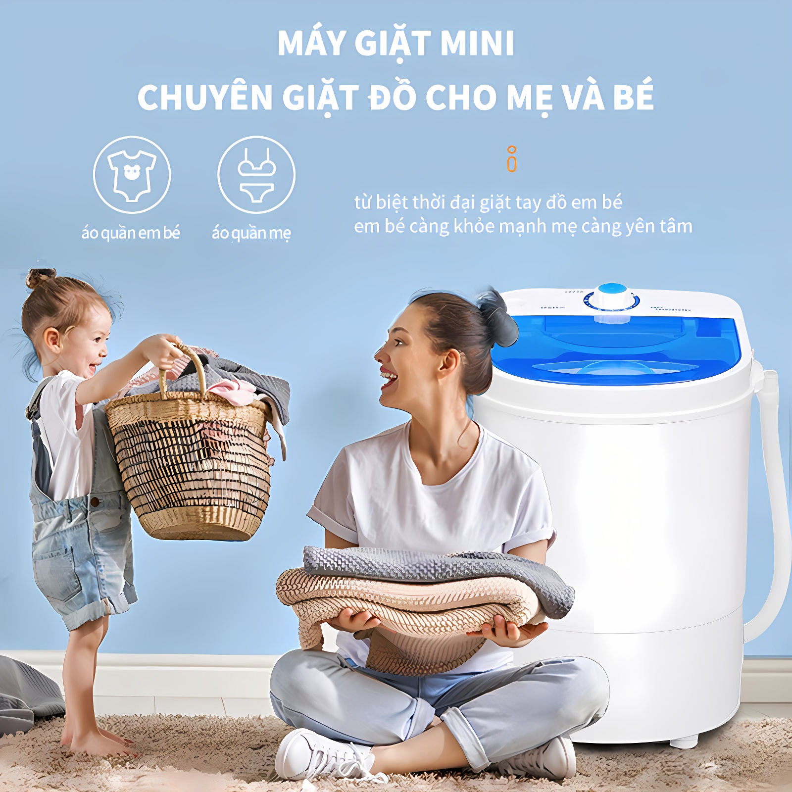 Máy giặt mini BÁN TỰ ĐỘNG lồng giặt trong suốt máy giặt mini giặt đồ trẻ em giặt nhanh sạch không tốn diện tích trong nhà