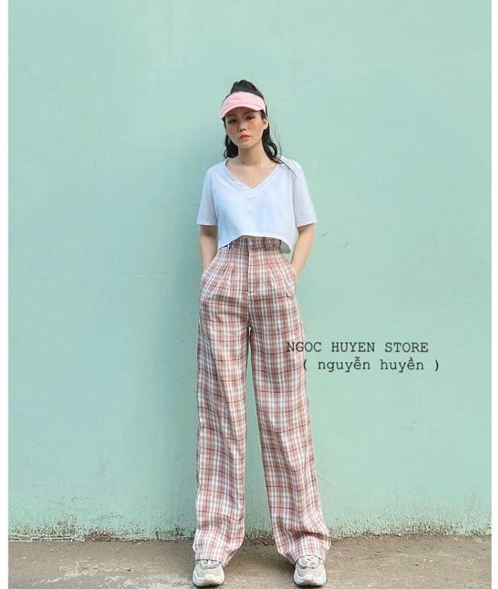 ( ẢNH THẬT QUẦN BAGGY VÁI ỐNG RỘNG KẺ CARO MÀU HỒNG HÀN QUỐC, LEVERMART