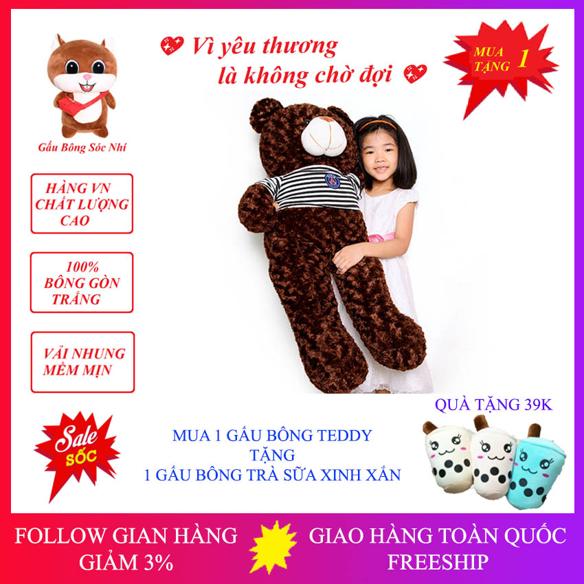 [Mua 1 Tặng 1] Gấu Bông Teddy Đáng Yêu Size 90cm - Gấu Bông Sóc Nhí 07 - Gấu Bông Cao Cấp Vải Lông Xoắn Hoa Hồng Cực Đẹp - Mua 1 Gấu Bông Teddy Tặng 1 Gấu Bông Trà Sữa Xinh Xắn