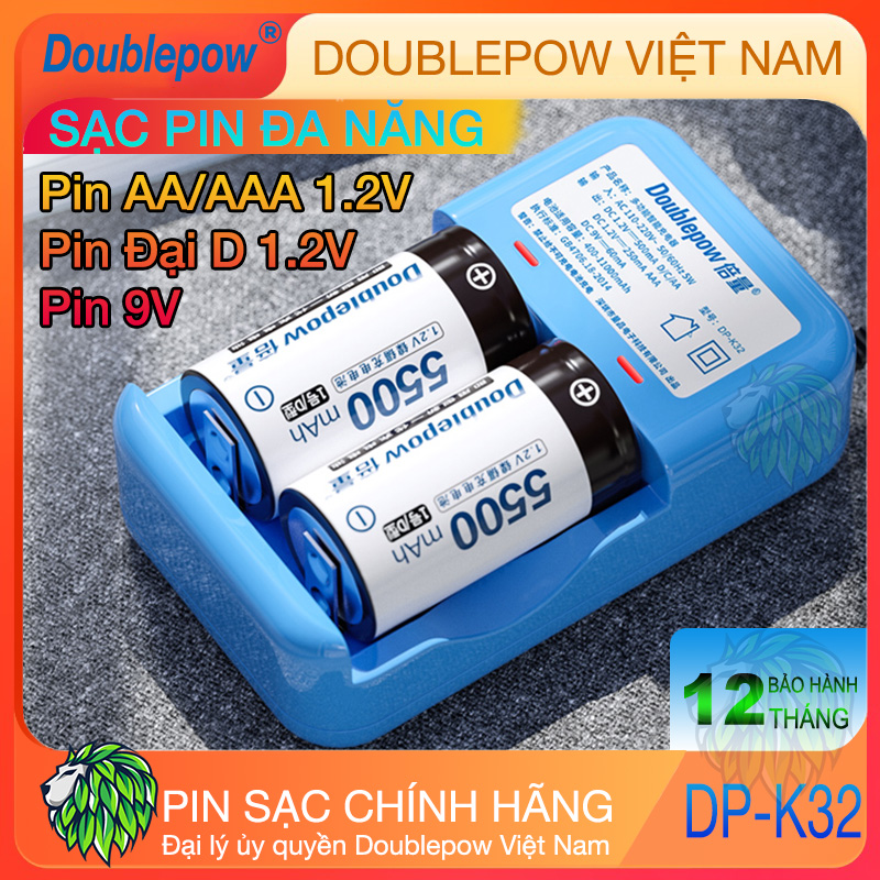 Pin D Đại LR20 - Sạc Pin Đa Năng DP-K32 Cho Pin 2A/3A/9V/D/C Doublepow Tự Ngắt - Bộ Sạc Pin Đại D - Bộ Sạc Pin Đa Năng Báo Đèn Khi Pin Đầy - Pin D Sạc Cho Bếp Ga, Đèn Pin, Thiết Bị Công Nghiệp