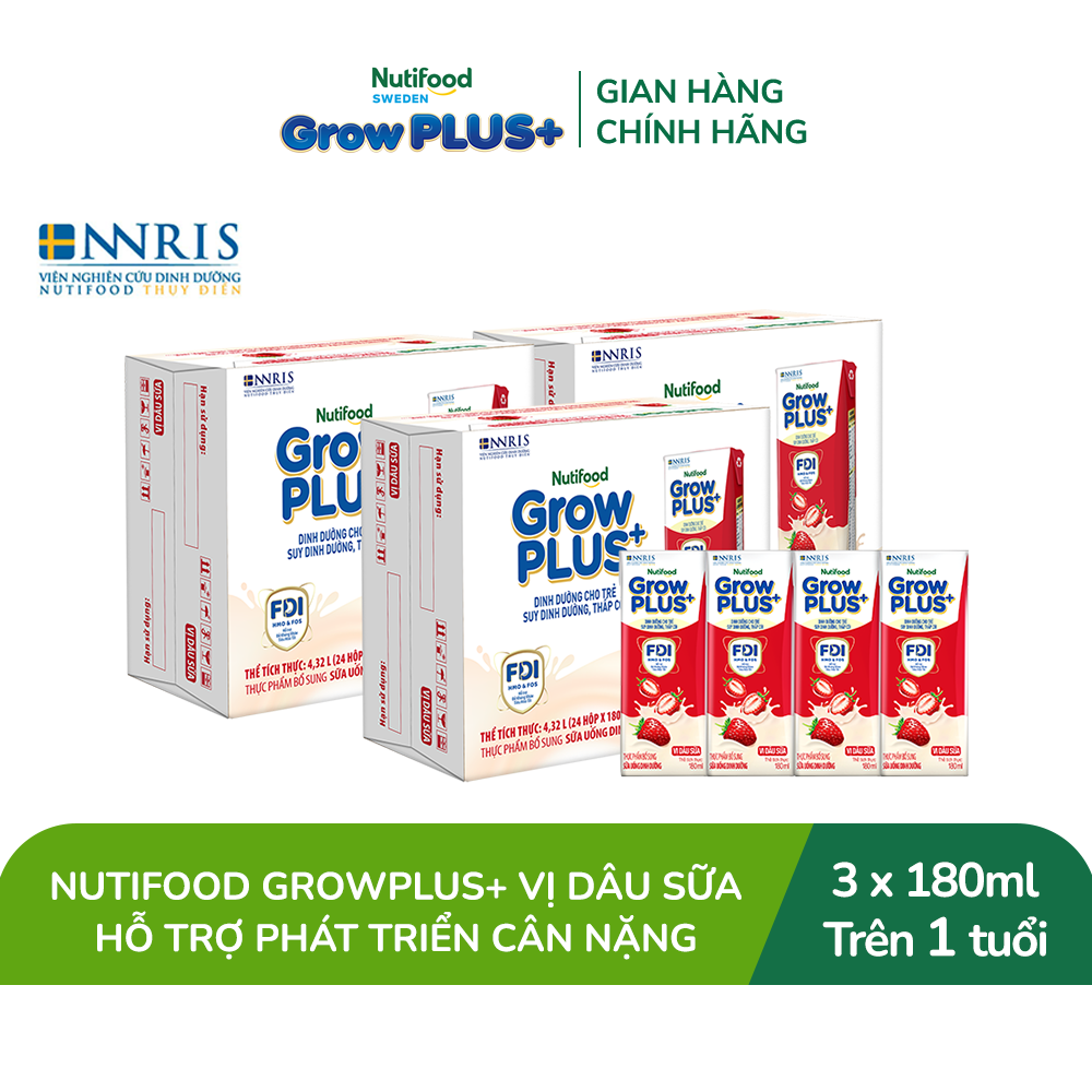 Combo 3 Thùng 24 hộp Sữa nước pha sẵn Nutifood GrowPLUS+ Vị Dâu Sữa hộp 180ml - Hỗ trợ phát triển cân nặng