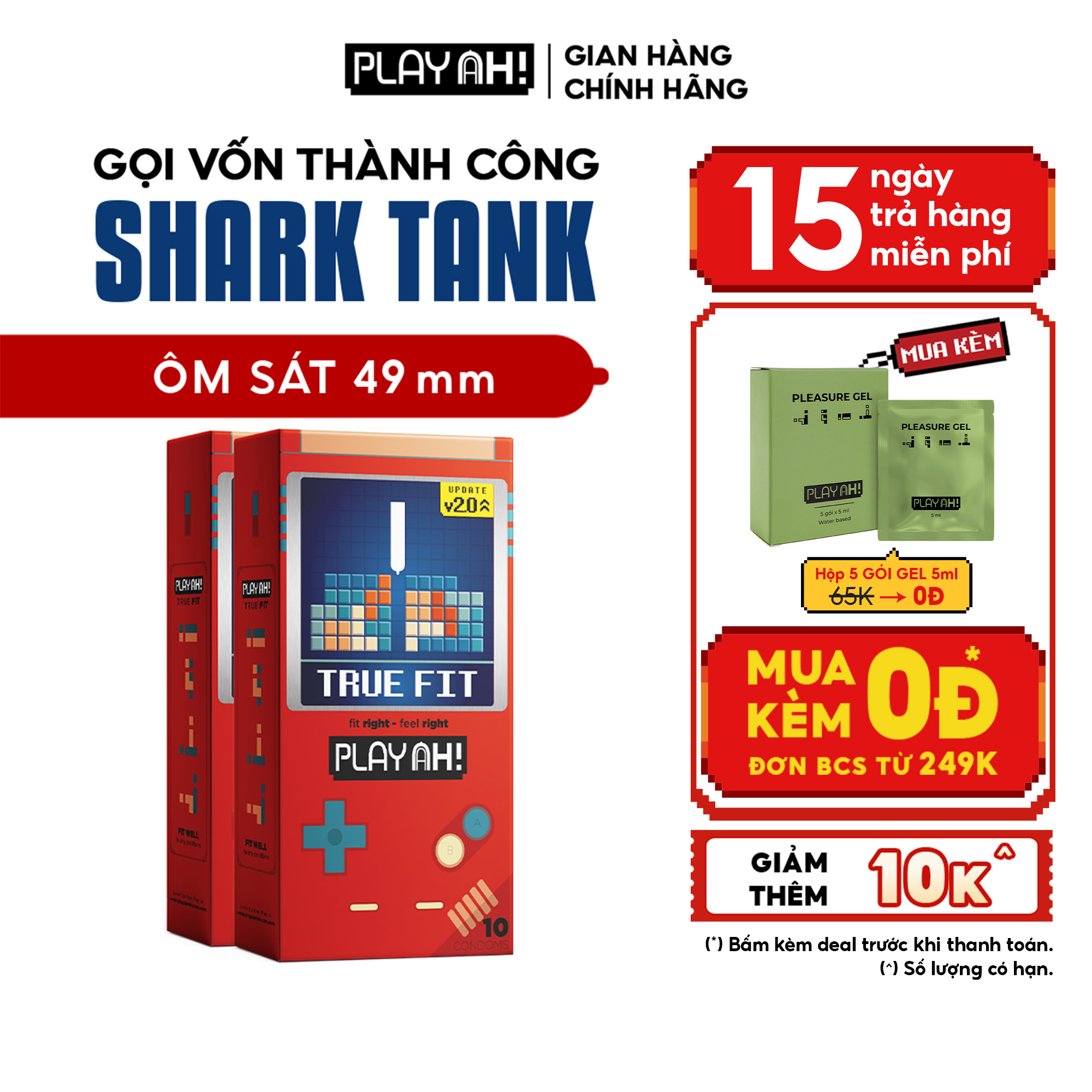 Combo 2 Hộp/3 Hộp Bao Cao Su PlayAh True Fit Ôm Sát Hộp 10 size 49mm size nhỏ, chống tuột bao