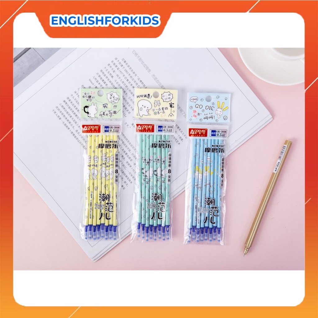 Sét 8 Ruột bút bi nước tẩy được mực xanh