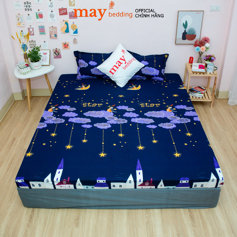Bộ Ga Chun và 2 áo gối nằm mẫu Poly Cotton mẫu Sao Rơi drap cotton, drap, ra giường, ga trải giường. drap giường