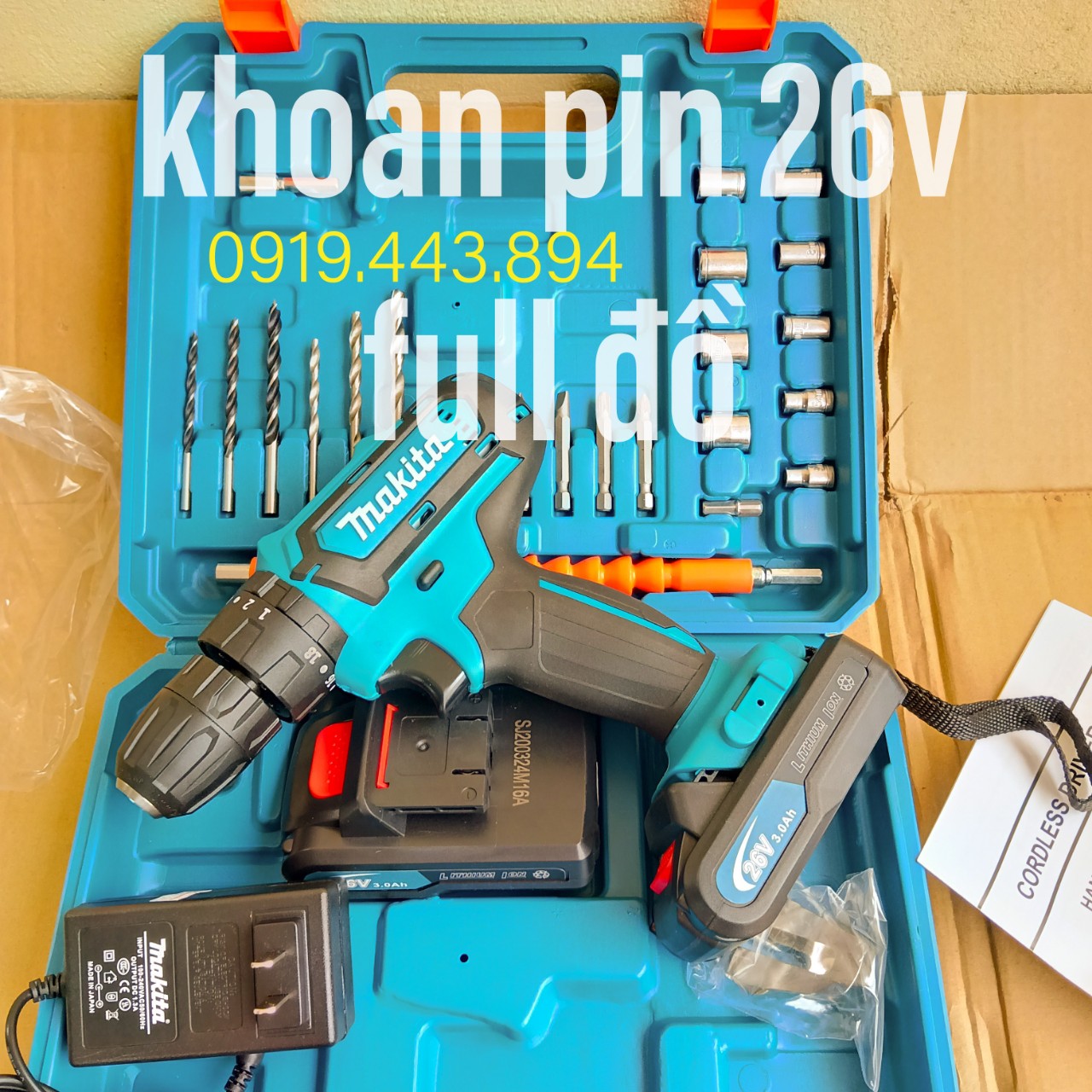 Khoan pin makita 26v có búa 2 pin tặng 24 phụ kiện