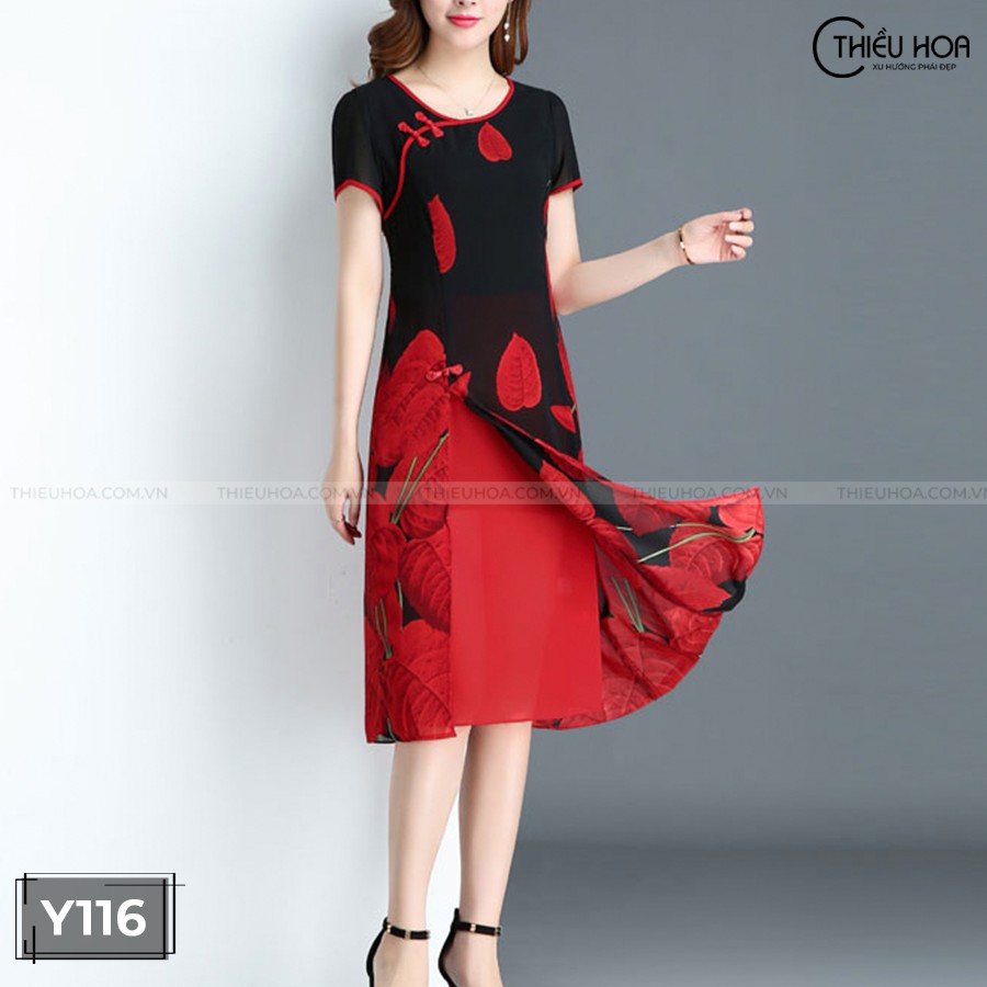 Đầm dạ hội nữ trung niên 2 lớp chiffon in hoa sang trọng quý phái y116 thời trang thiều hoa