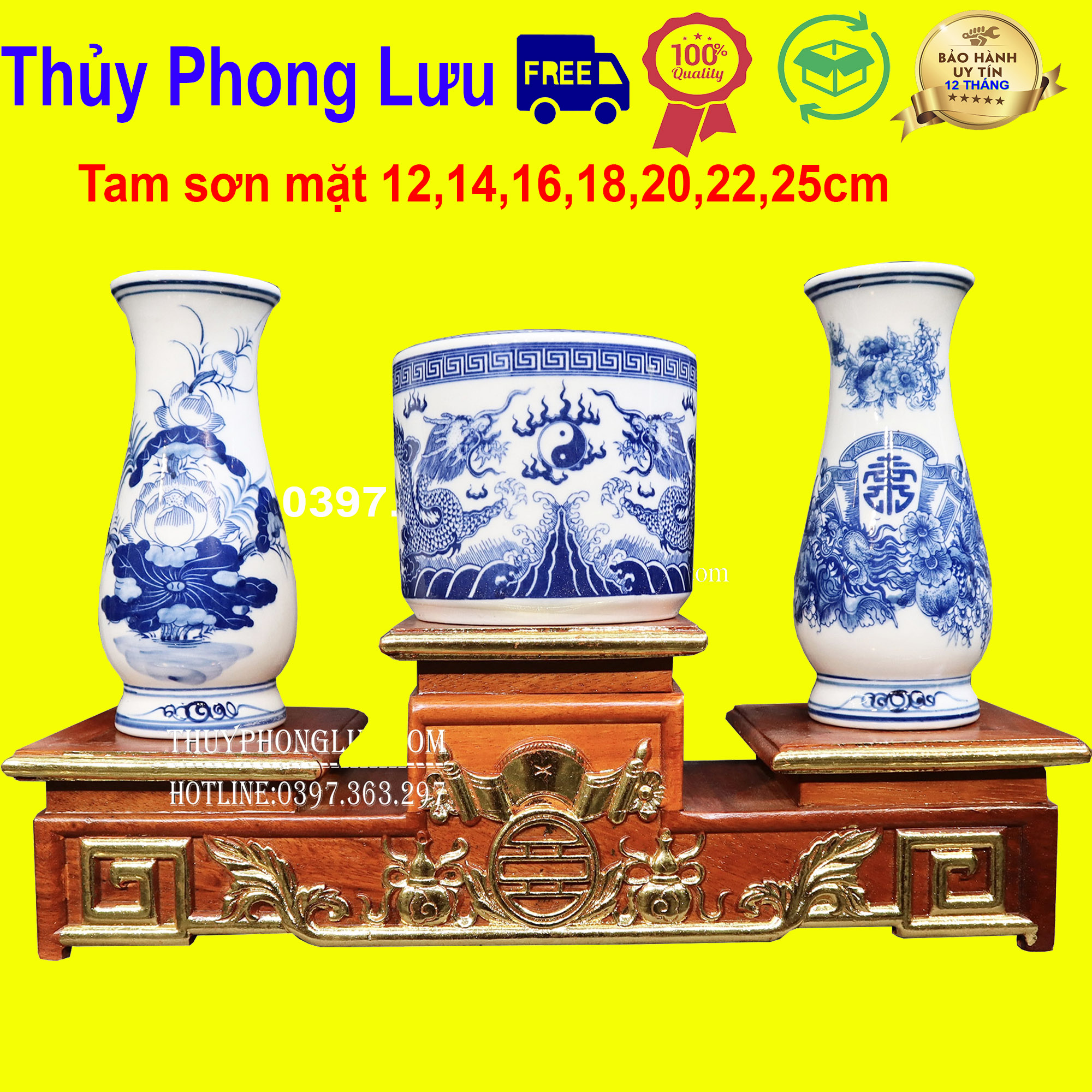 Đế bát hương tam sơn gỗ hương,Bục tam cấp thờ cỡ mặt 14,16,18,20,22