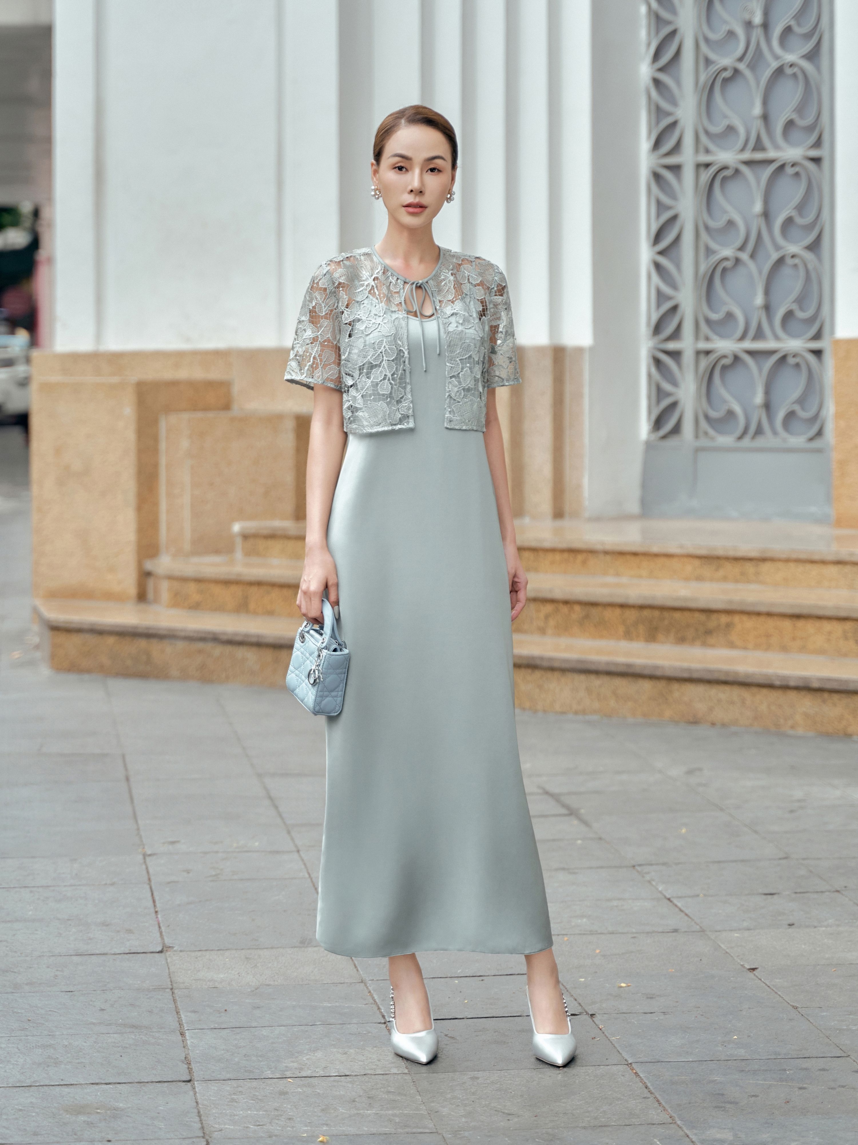 Set đầm lụa áo khoác ren Mauve Poem dress