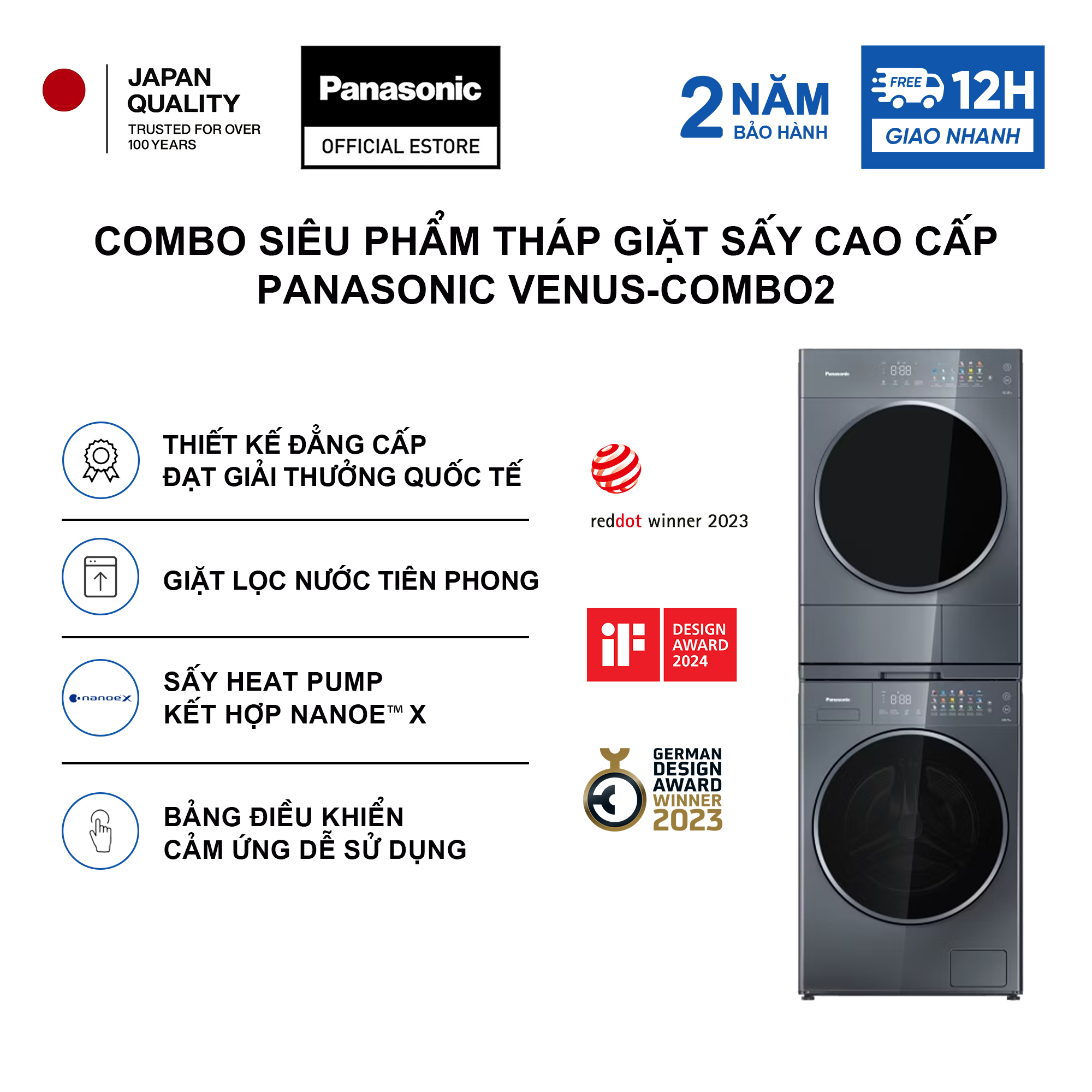 Combo Siêu Phẩm Tháp Giặt Sấy Cao Cấp Panasonic VENUS-COMBO2 - Giặt lọc nước tiên phong - Sấy Heatpump kết hợp Nanoe™ X
