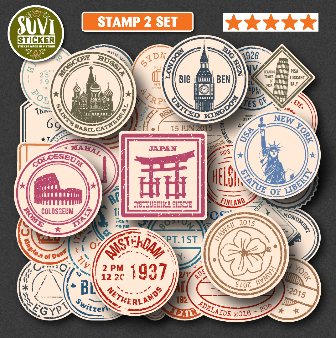 Sticker Vintage Stamp chống nước dán laptop, điện thoại, đàn guitar, mũ bảo hiểm