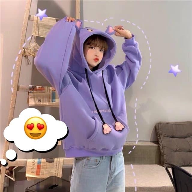 Áo Hoodie Nữ Mũ Mèo Dây Tai Thỏ Siêu Dễ Thương (Hồng, Trắng Và Tím)
