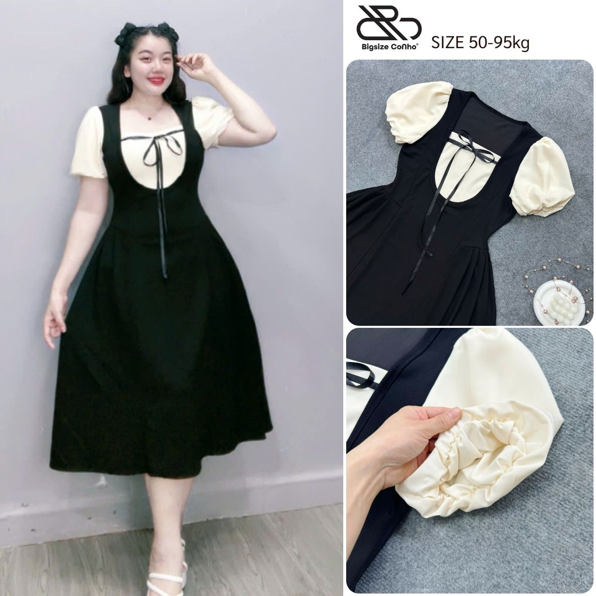  Đầm Bigsize Nữ Thiết Kế Cổ Vuông Có Dây Buộc Nơ Tay Ngắn Phồng Tiểu Thư Sang Chảnh G680 