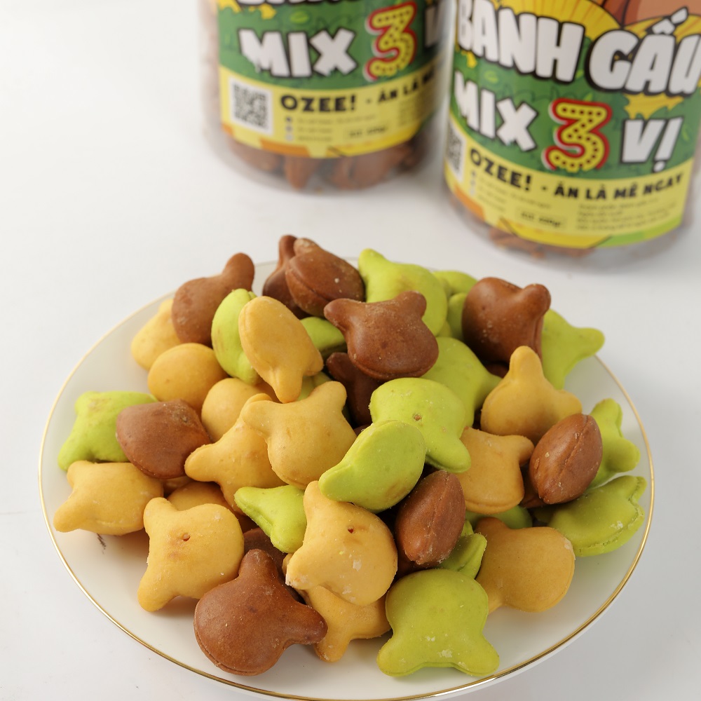 Bánh gấu nhân kem mix 3 vị Bơ sữa - Socola - Chùm ngây hộp 420g Ozee siêu ngon - Ăn là mê ngay