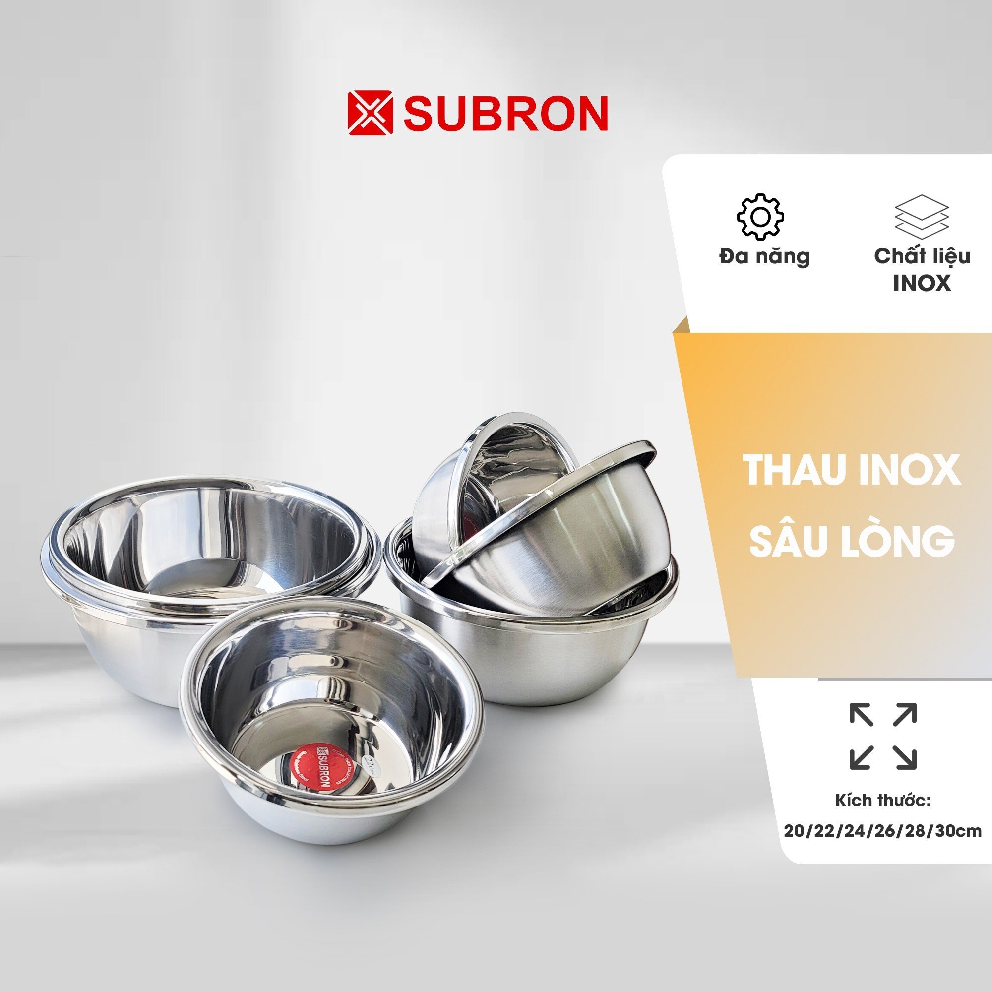 Thau trộn inox SUBRON, chậu inox sâu lòng nhiều size , thau trộn salad rửa rau củ đa năng