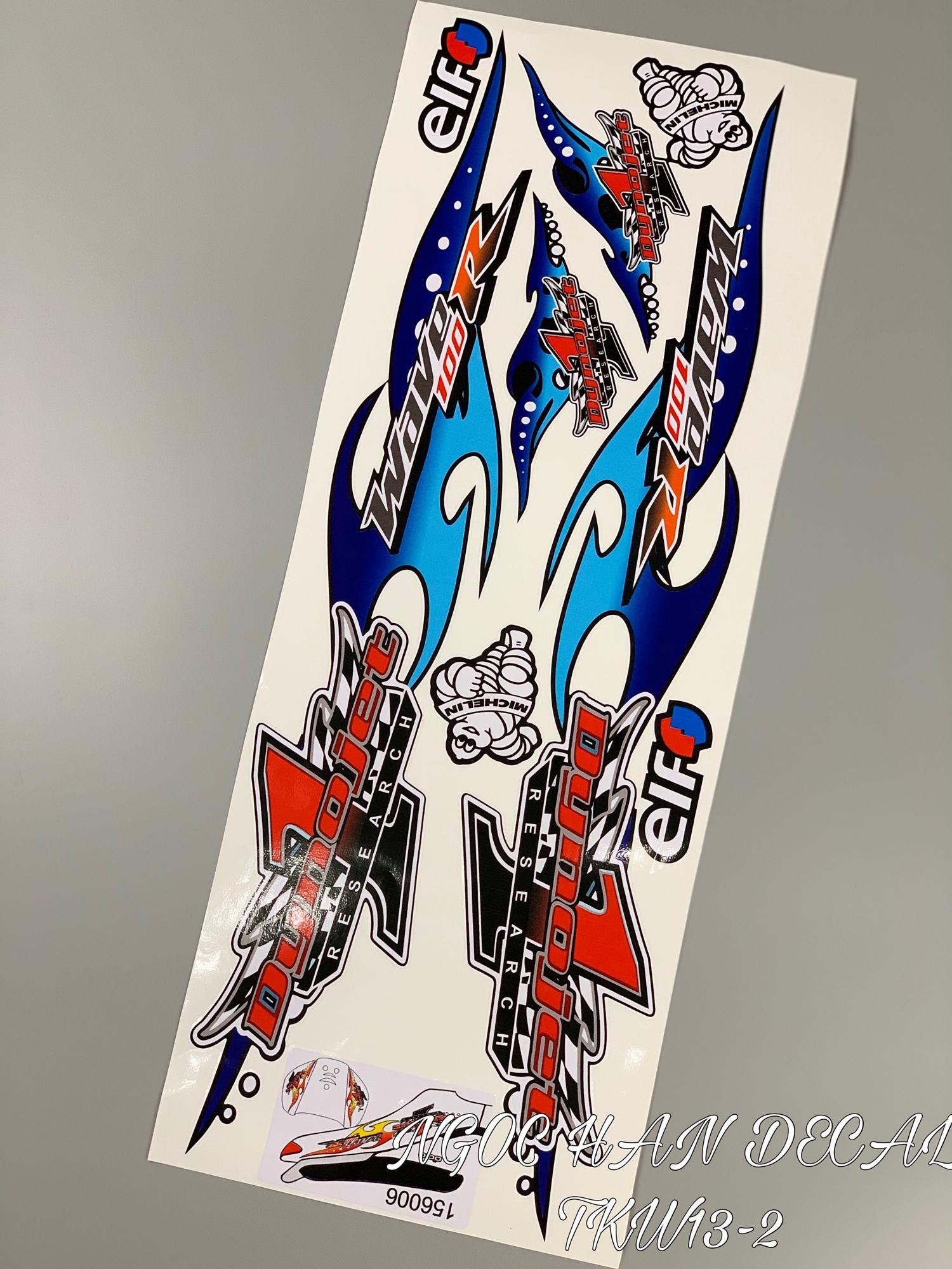 Tem chế nguyên bộ Dynojet 1 màu xanh dương cho xe Wave -- NGỌC HÂN DECAL