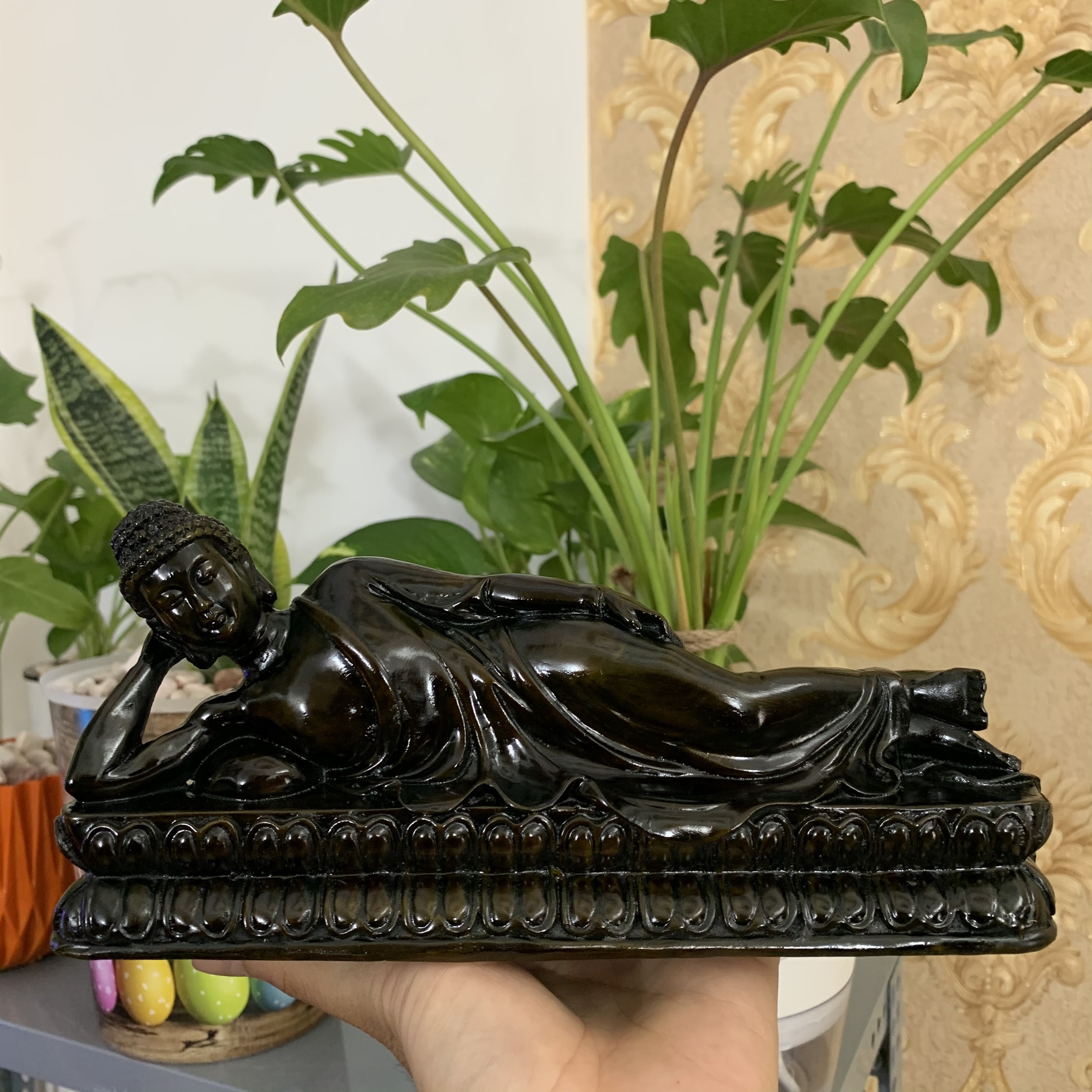 [HCM]Tượng đá trang trí tượng Phật Thích Ca nhập niết bàn - Tượng Phật Thích Ca Nằm - Dài 23cm - Màu Nâu Đen