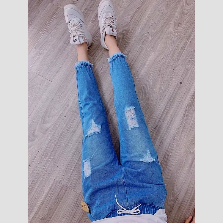 Quần baggy jean nữ 9 tấc lưng thun mẫu rách tua lai